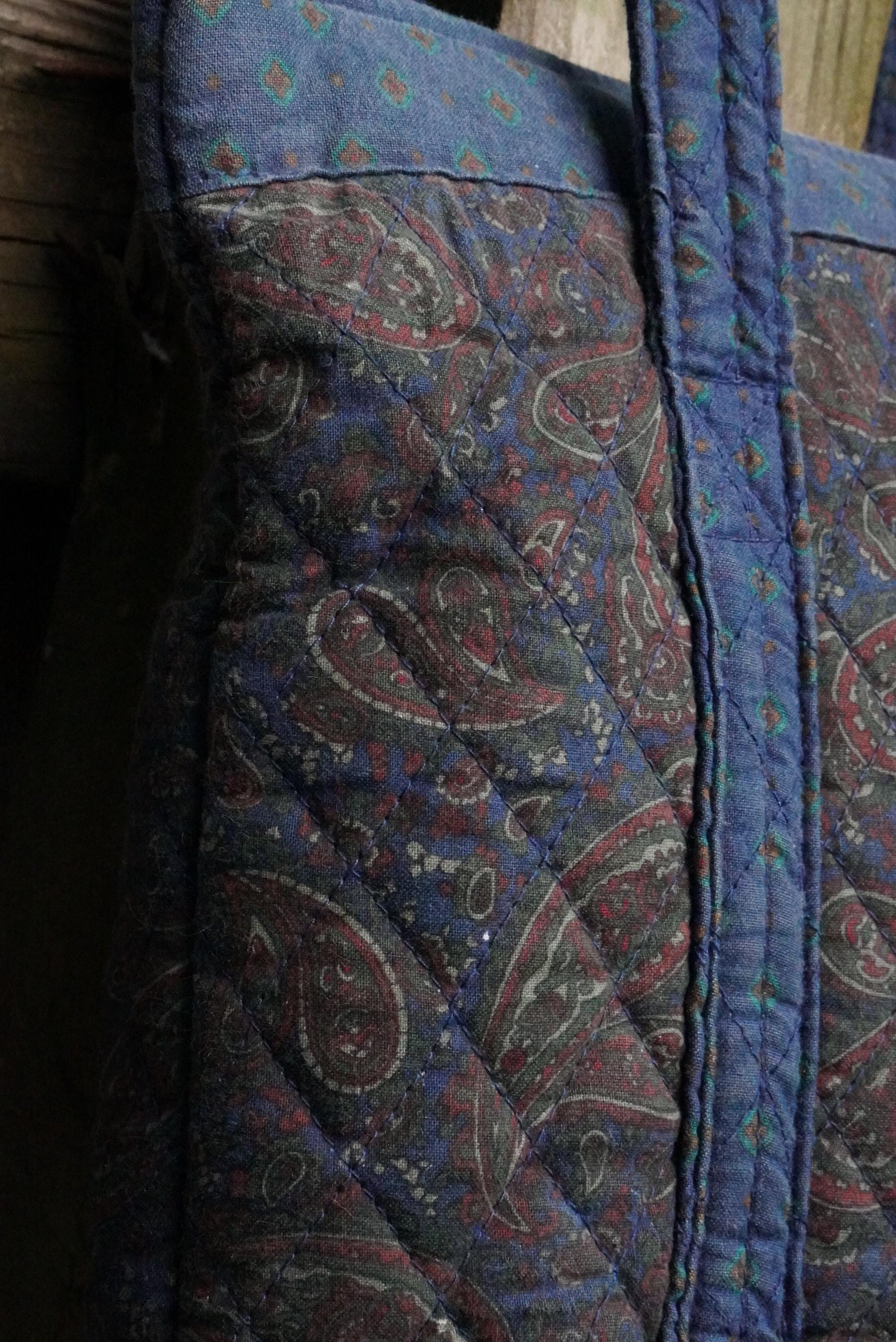 Vintage Blue Quilted Paisley Shoulder Bag – Retro Fabric Tote