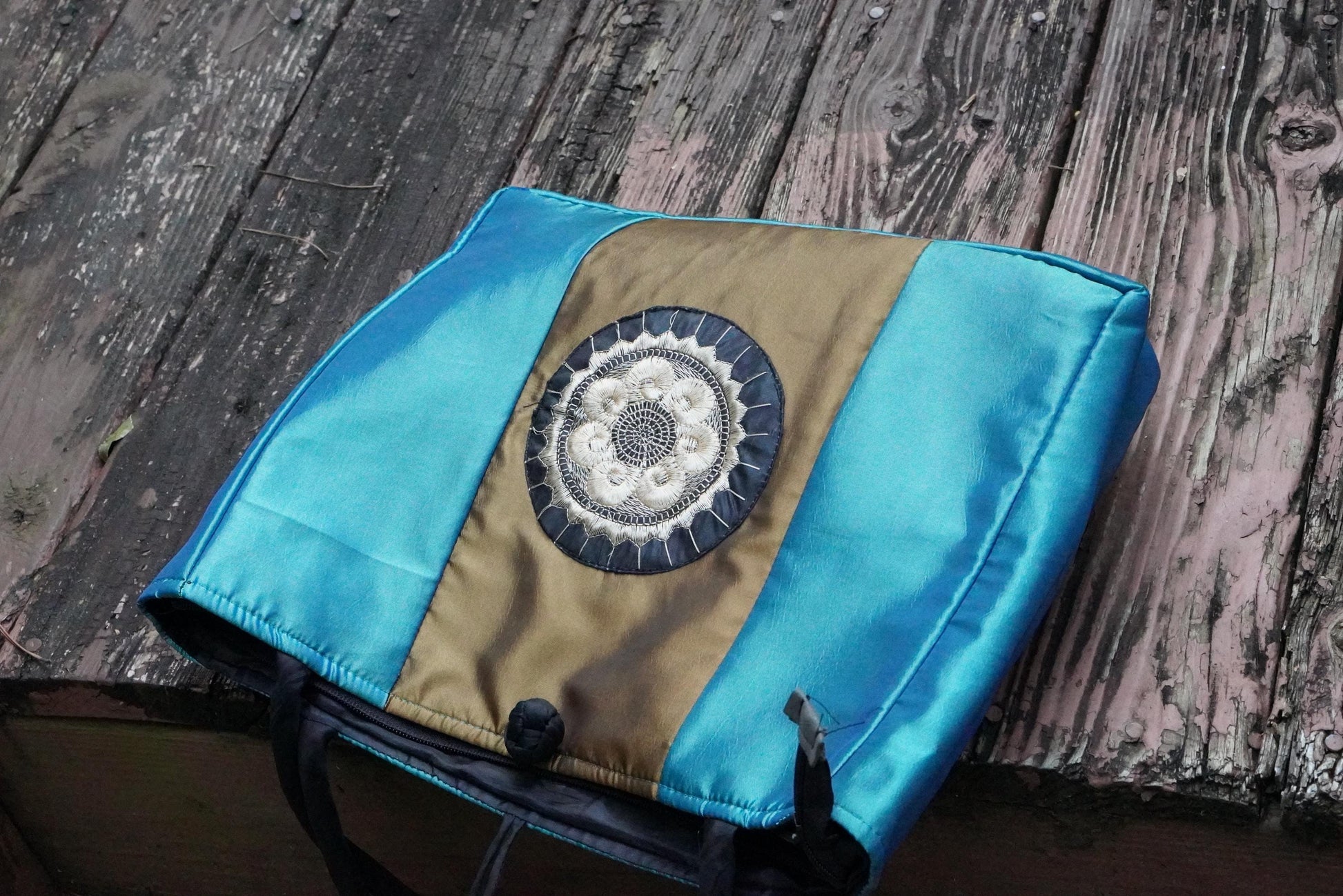 Vintage Thai Blue Gold Embroidered Shoulder Bag Zipper Tote Handbag