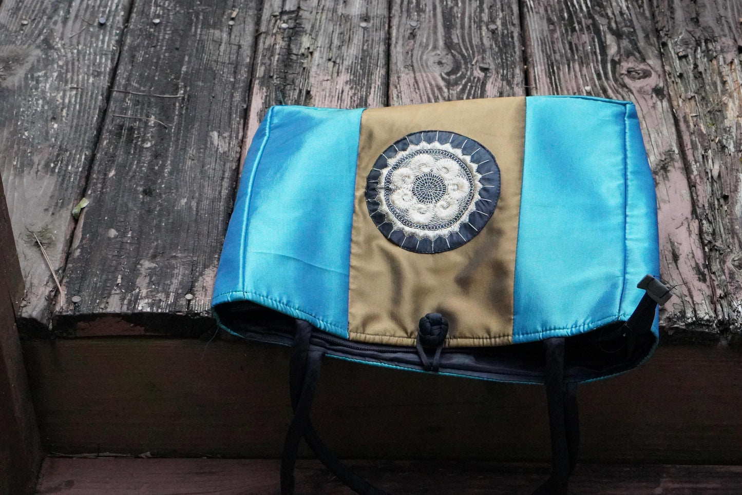 Vintage Thai Blue Gold Embroidered Shoulder Bag Zipper Tote Handbag