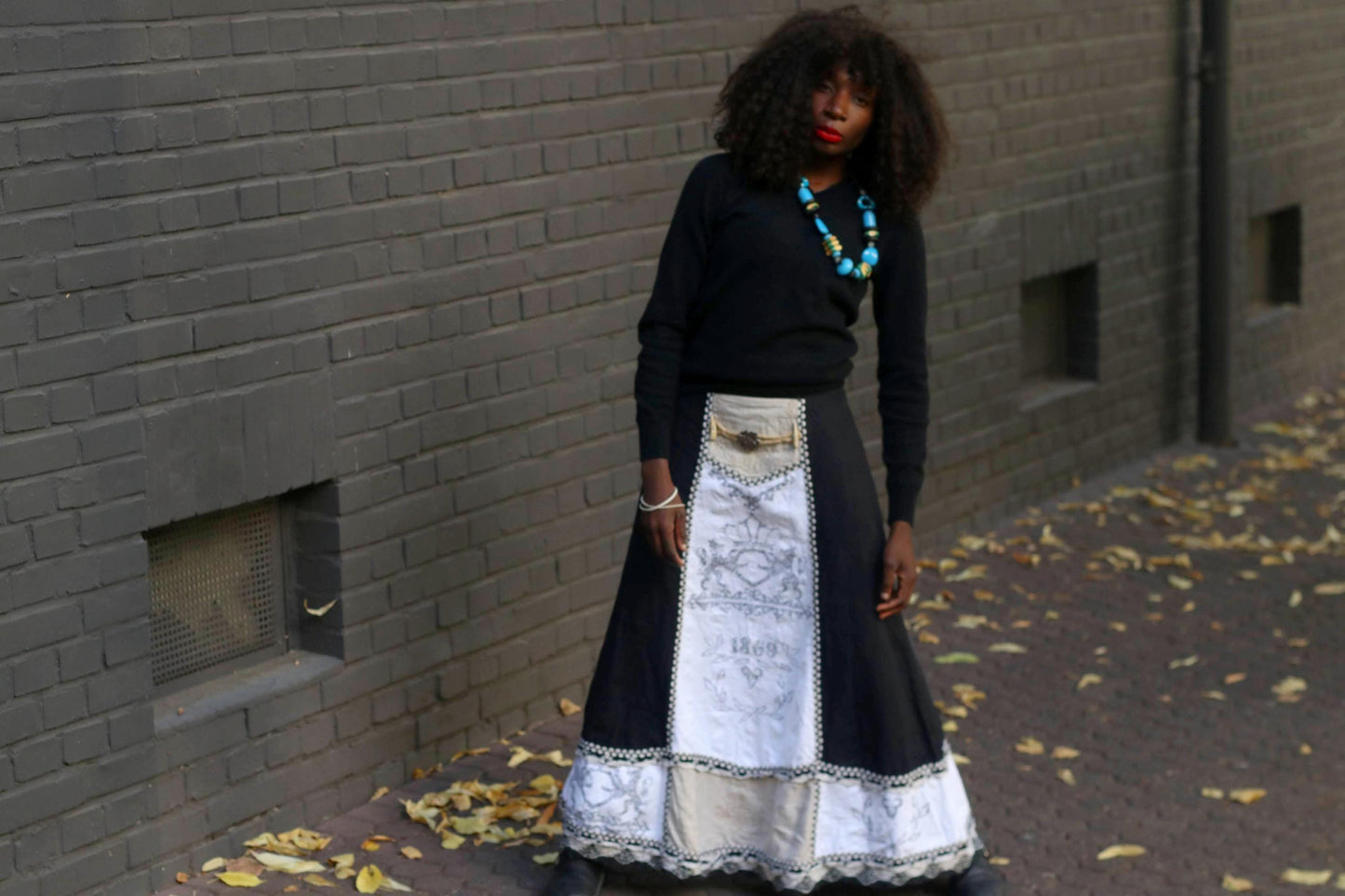 Vintage Linen Maxi Skirt Black White Folkloric Boho Cottagecore Prairie Skirt
