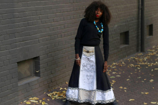 Vintage Linen Maxi Skirt Black White Folkloric Boho Cottagecore Prairie Skirt
