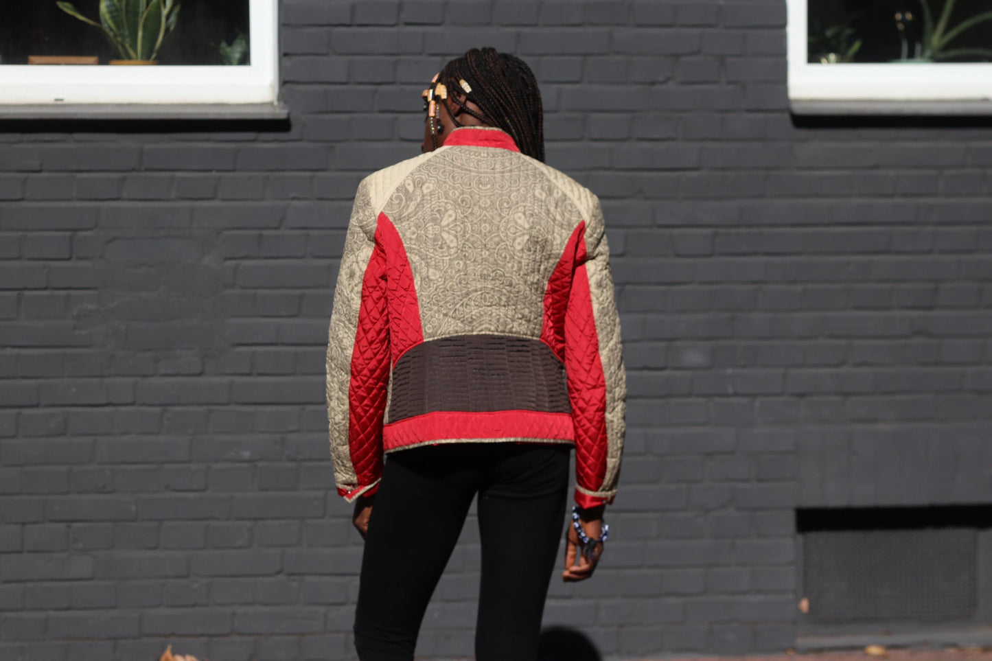 Vintage BOGNER Quilted Jacket Red Beige Baroque Pattern Ski Style Retro Zip Up