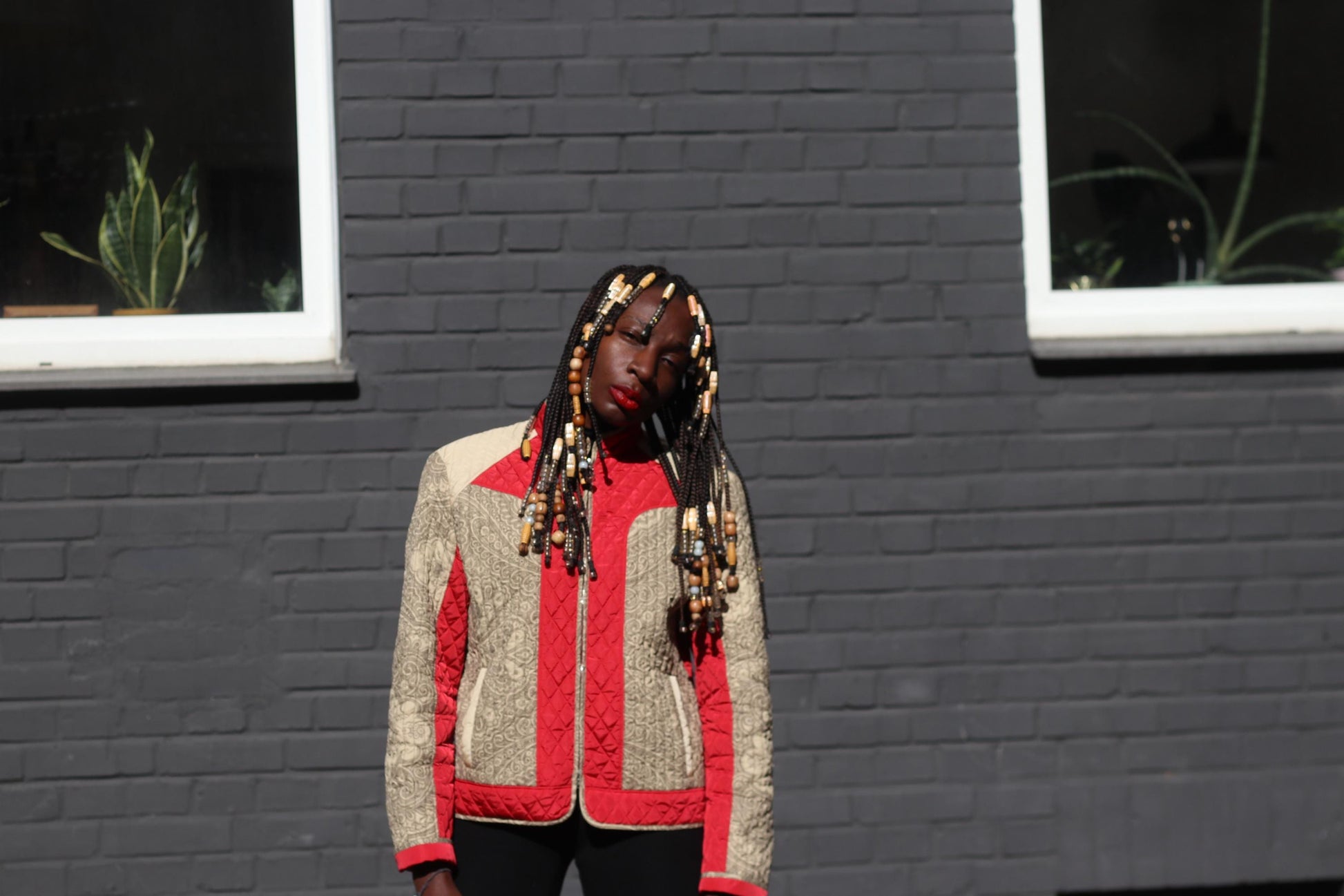Vintage BOGNER Quilted Jacket Red Beige Baroque Pattern Ski Style Retro Zip Up