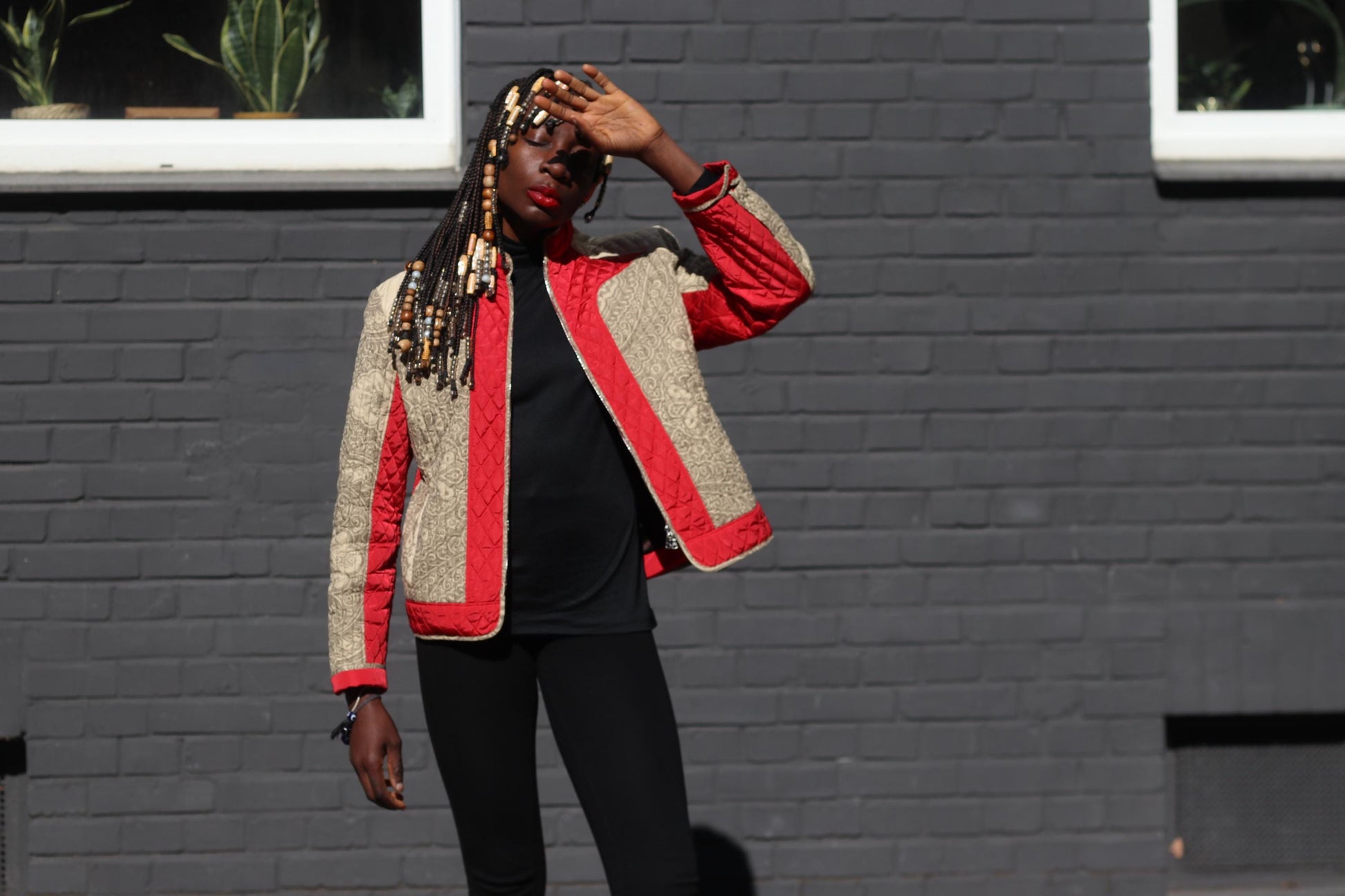 Vintage BOGNER Quilted Jacket Red Beige Baroque Pattern Ski Style Retro Zip Up
