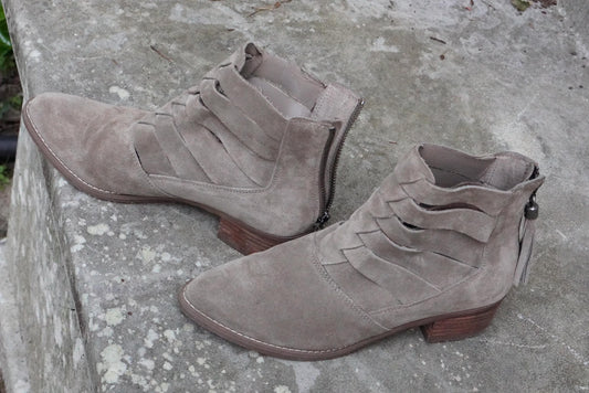 Volatile Suede Ankle Boots; Vintage Taupe Woven Cutout Heel Zipper Western Booties US 6.5