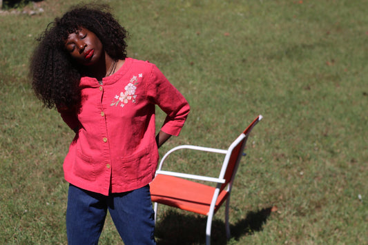 Vintage Coral Embroidered Linen Cotton Cardigan Top | 90s Cottagecore Floral Blouse
