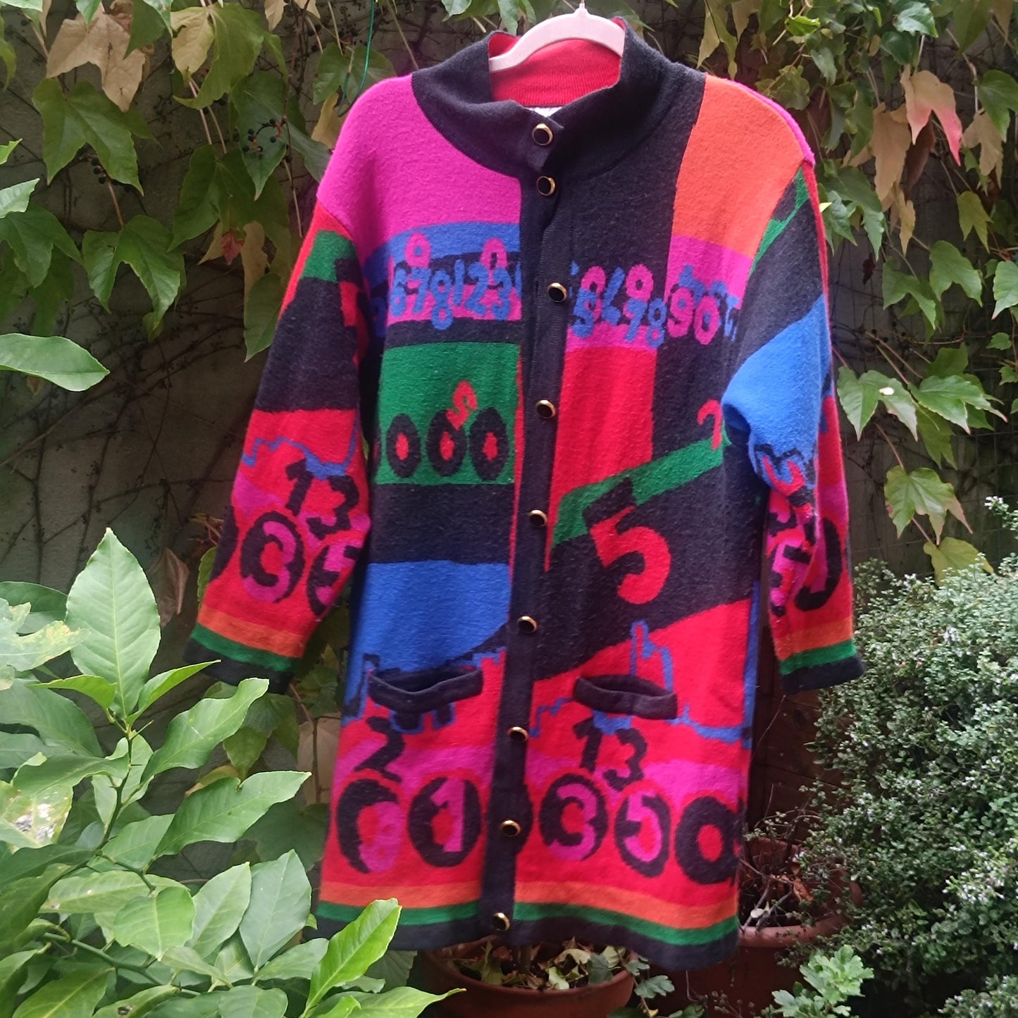 Vintage Rabe Knit Cardigan 80s 90s Sweater Dress Colorful Oversize Graphic Patchwork