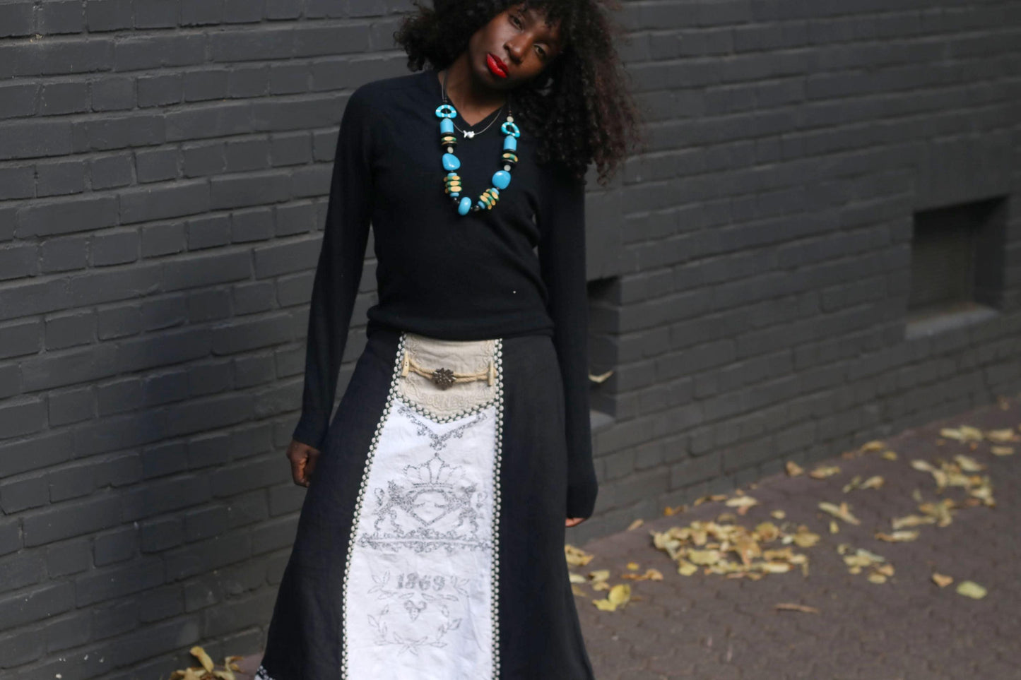 Vintage Linen Maxi Skirt Black White Folkloric Boho Cottagecore Prairie Skirt