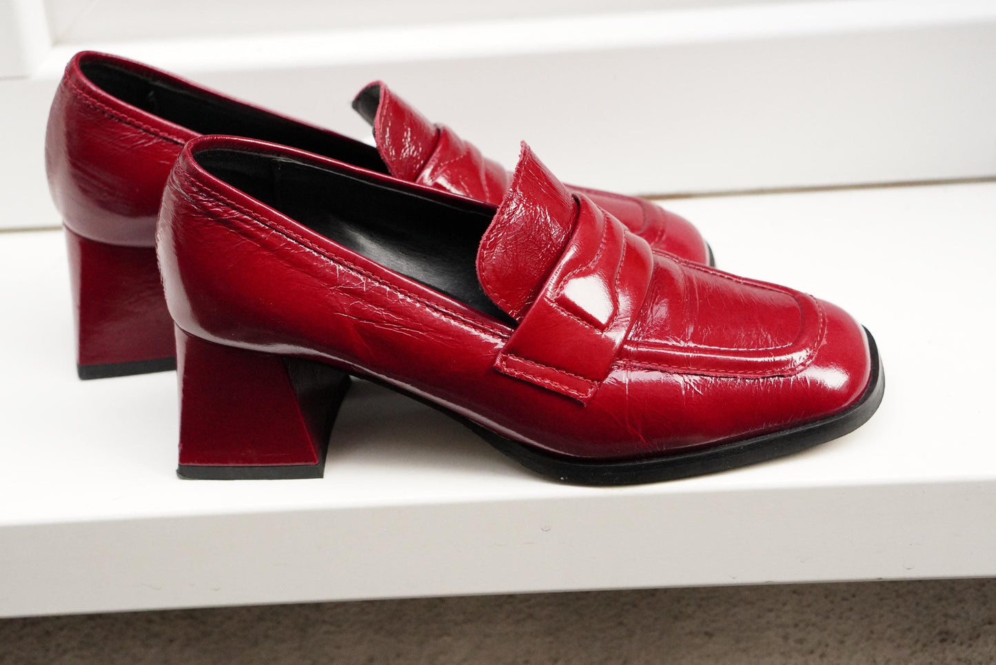 Vintage Gianluca Pisati Red Patent Loafers | 90s Chunky Heel Square Toe | EU 36