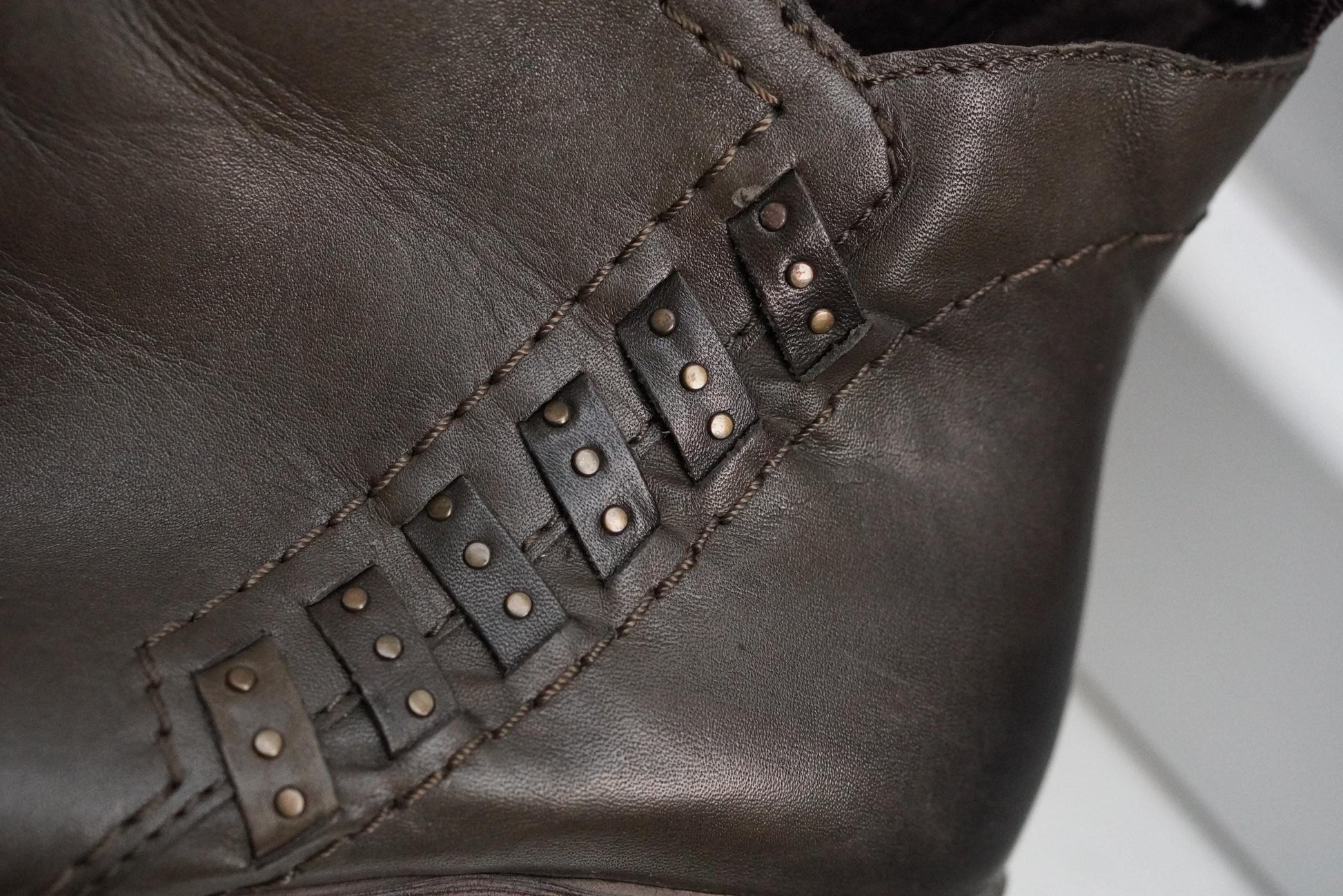 Vintage Brown Leather Ankle Boots: Stud Detail, Block Heel