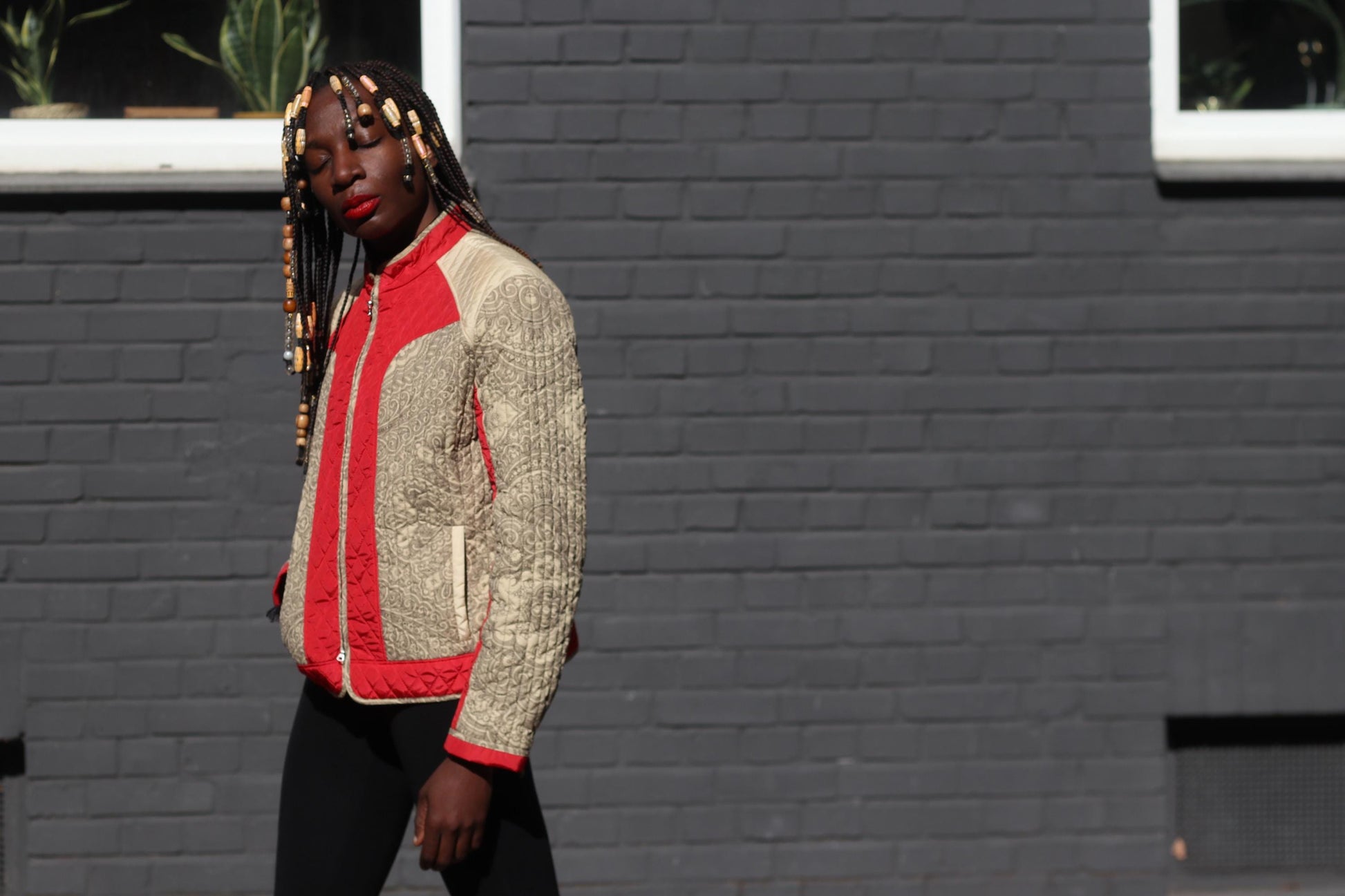 Vintage BOGNER Quilted Jacket Red Beige Baroque Pattern Ski Style Retro Zip Up