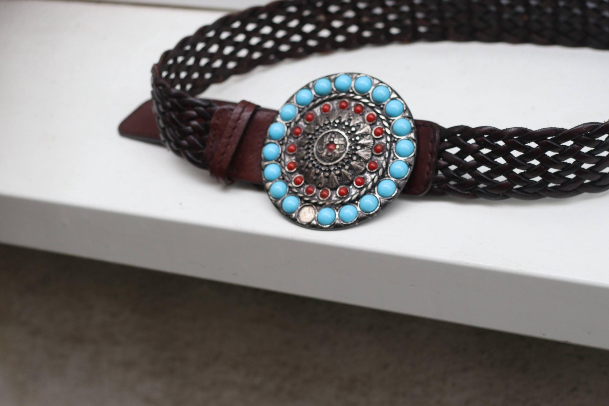 Vintage Braided Leather Belt Concho Buckle Turquoise Coral Southwestern Western