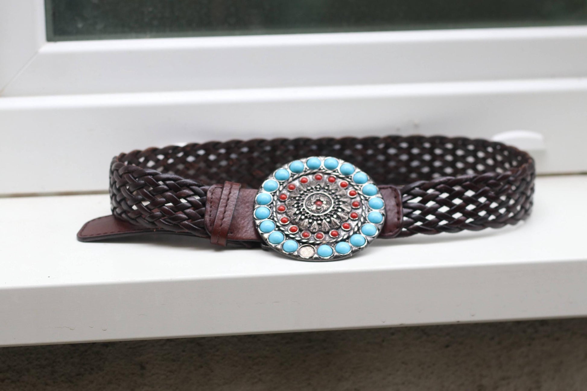 Vintage Braided Leather Belt Concho Buckle Turquoise Coral Southwestern Western