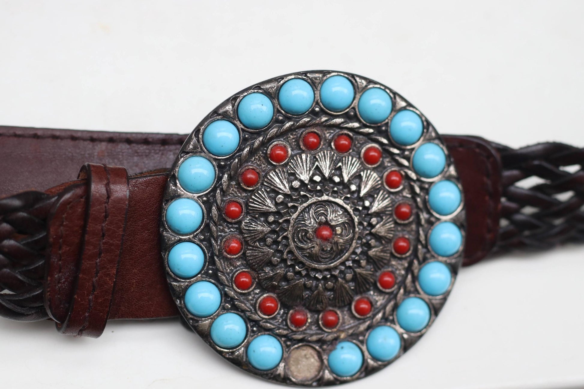 Vintage Braided Leather Belt Concho Buckle Turquoise Coral Southwestern Western