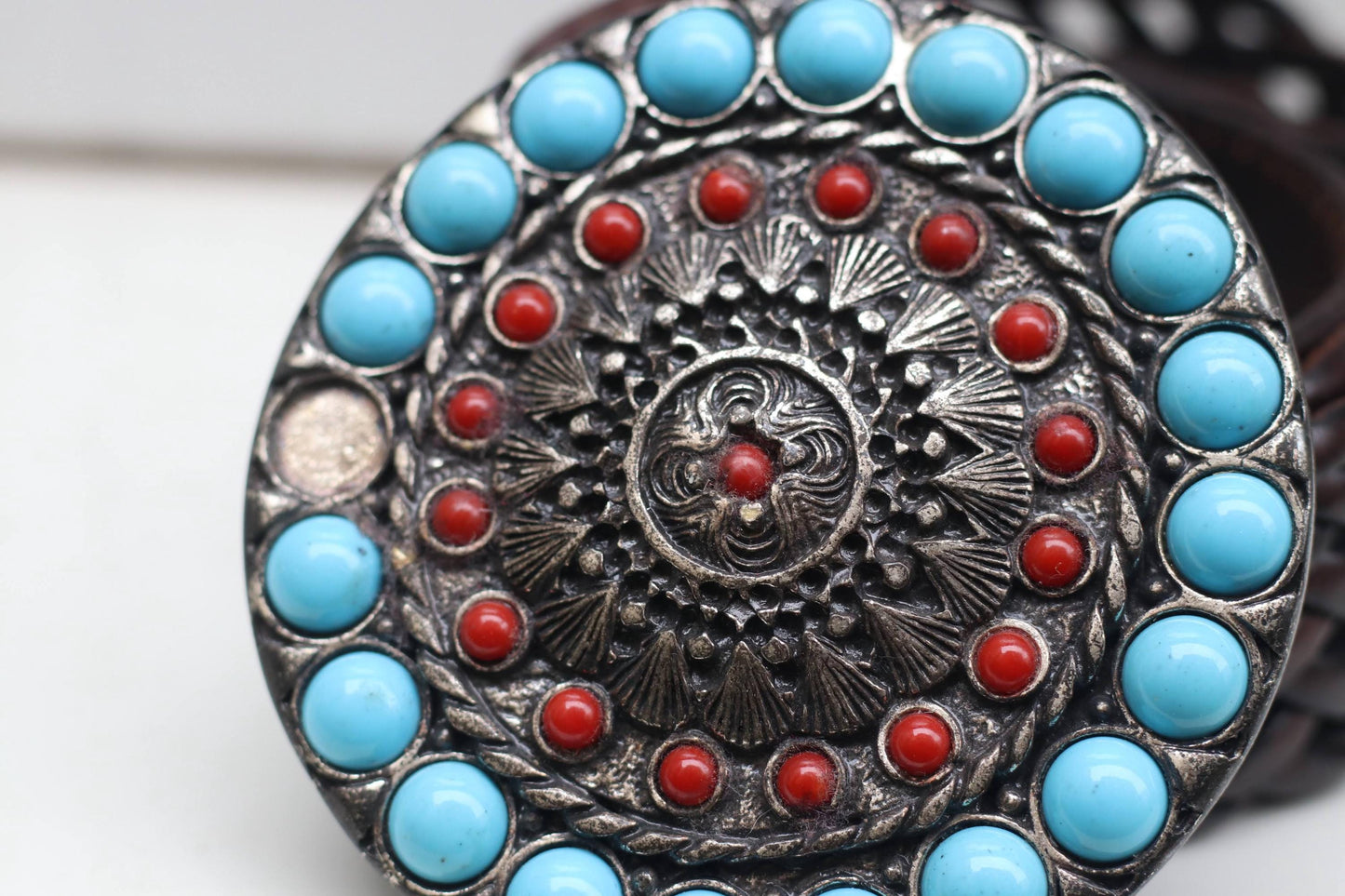 Vintage Braided Leather Belt Concho Buckle Turquoise Coral Southwestern Western