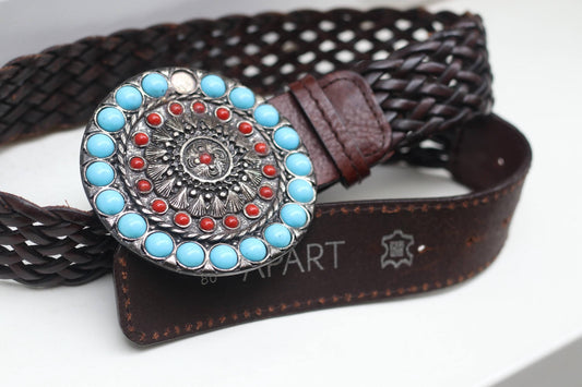 Vintage Braided Leather Belt Concho Buckle Turquoise Coral Southwestern Western