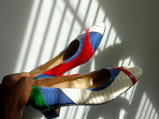 Vintage Vaneli Colorblock Textured Pumps Blue Red Cream Green 80s US Size 6M