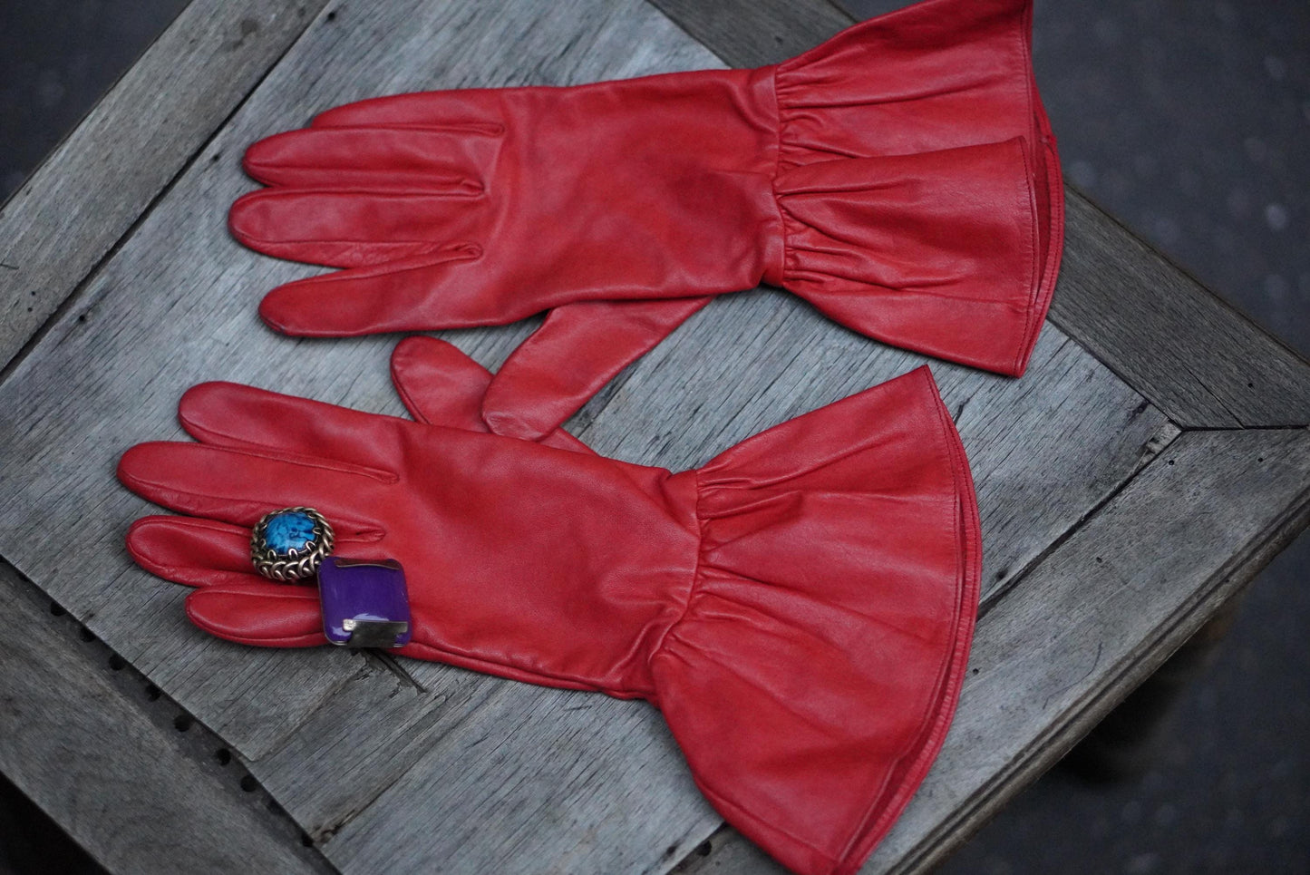 Vintage 50s Red Leather Opera Gloves: Ruffled Party Glam