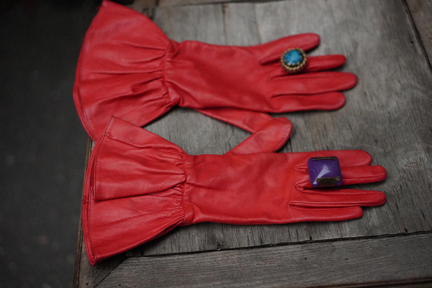 Vintage 50s Red Leather Opera Gloves: Ruffled Party Glam
