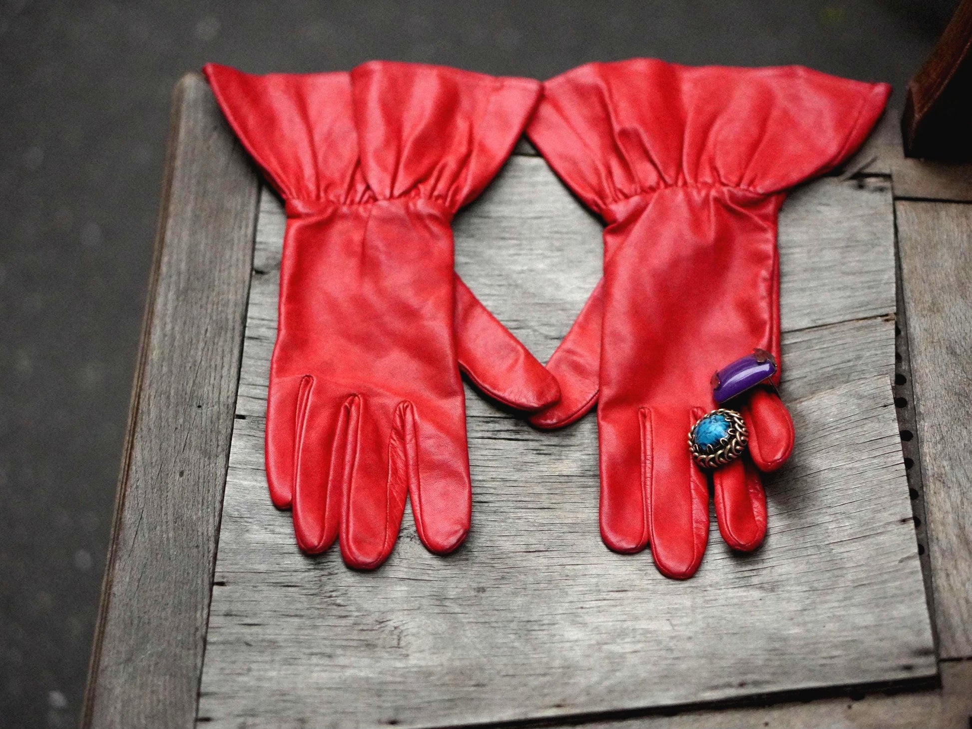 Vintage 50s Red Leather Opera Gloves: Ruffled Party Glam