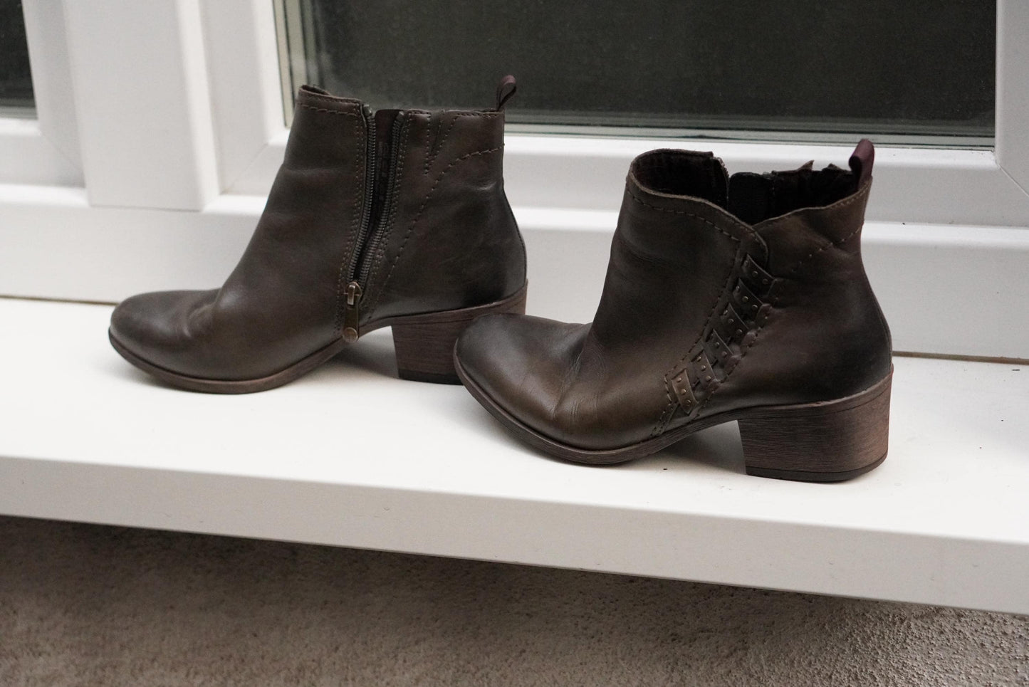 Vintage Brown Leather Ankle Boots: Stud Detail, Block Heel