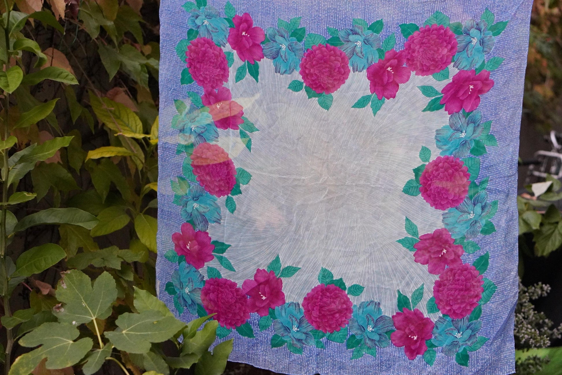 Torrente Paris Silk Scarf Vintage Floral Fuchsia Blue Square Foulard Carré
