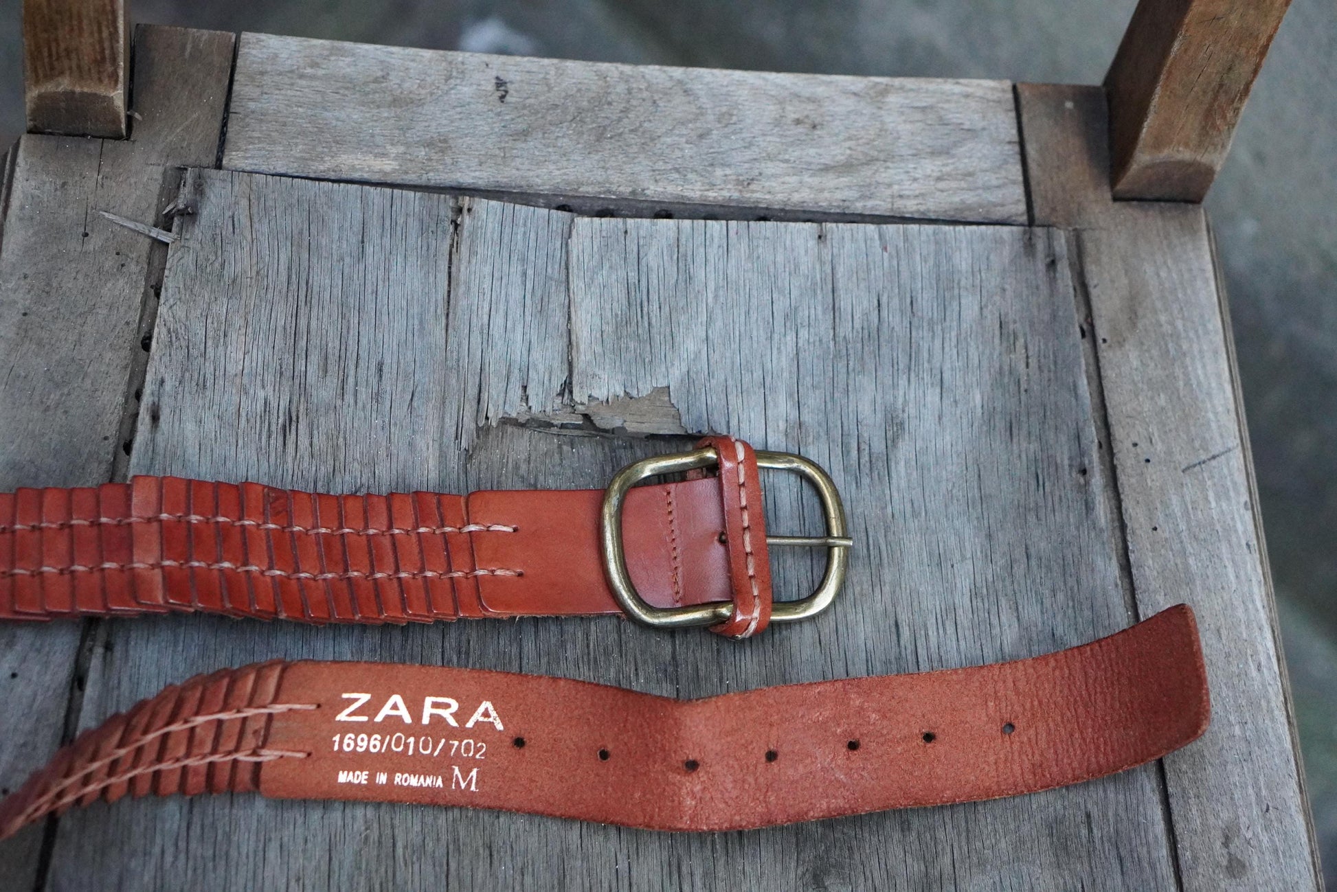 Zara Braided Leather Belt Cognac Brown Woven Wide Brass Buckle Vintage Style M