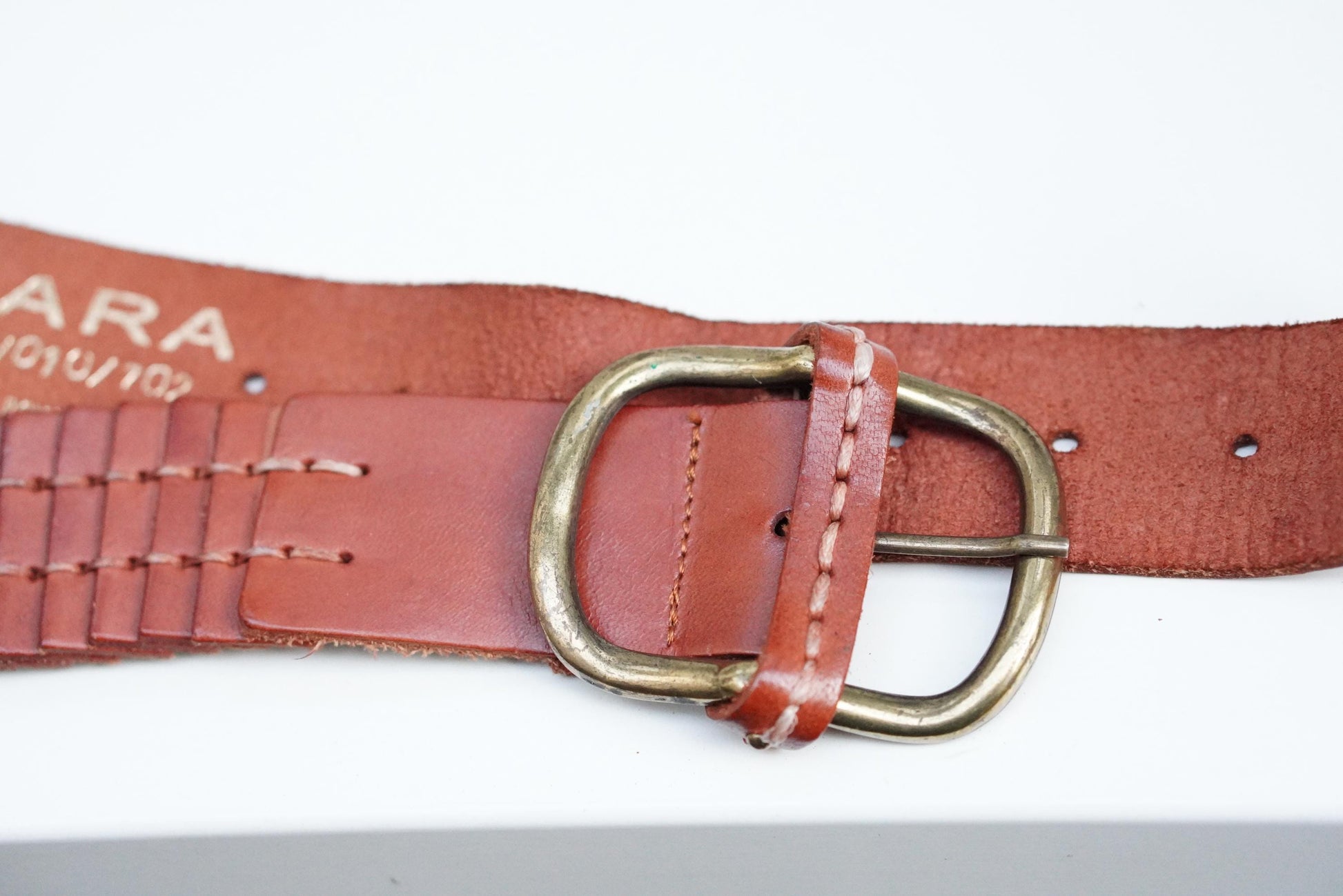 Zara Braided Leather Belt Cognac Brown Woven Wide Brass Buckle Vintage Style M