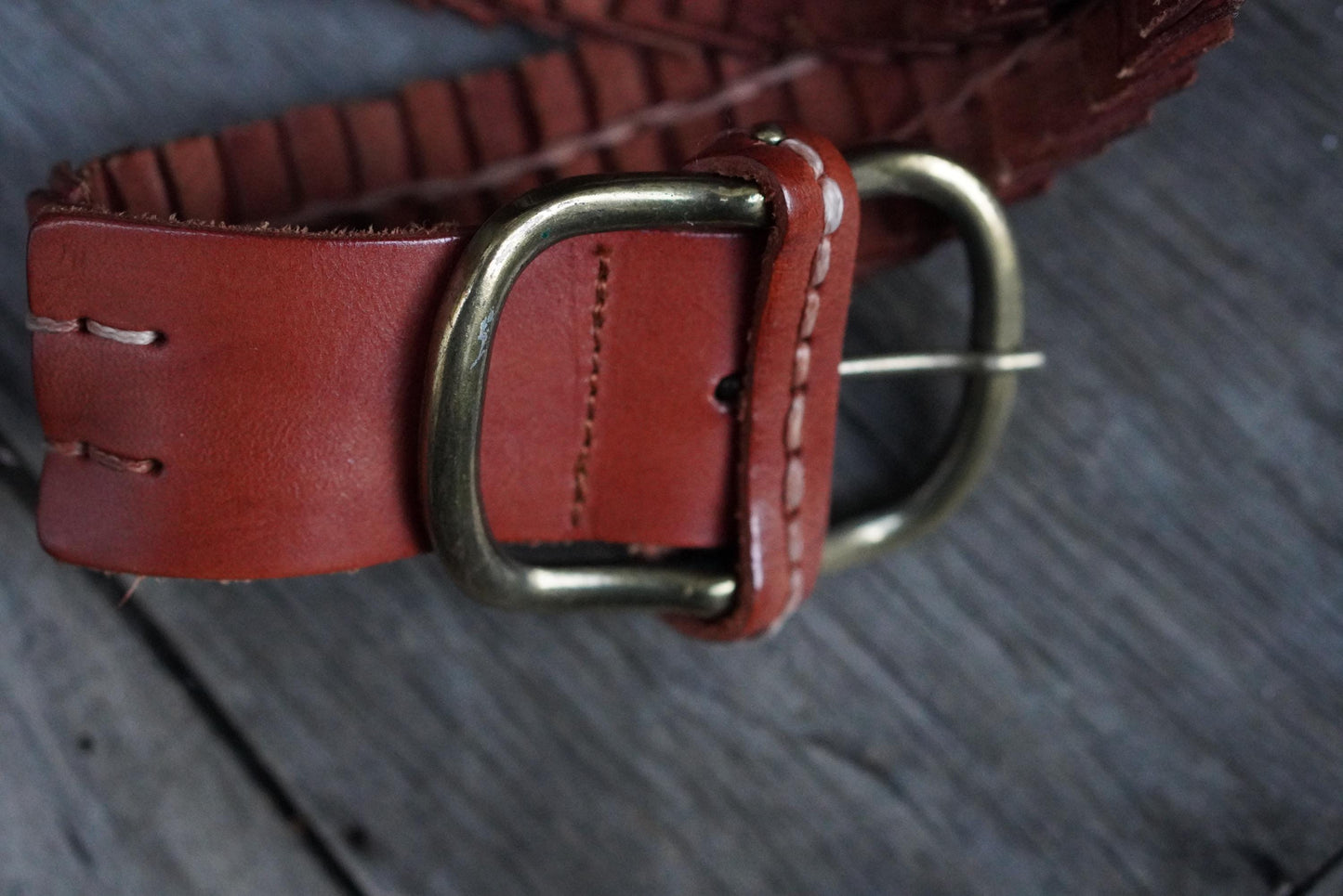 Zara Braided Leather Belt Cognac Brown Woven Wide Brass Buckle Vintage Style M