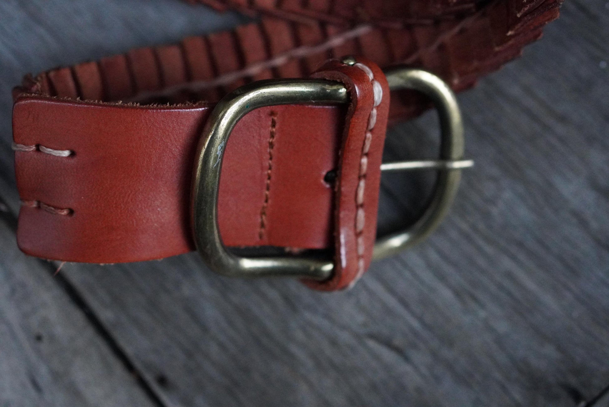 Zara Braided Leather Belt Cognac Brown Woven Wide Brass Buckle Vintage Style M