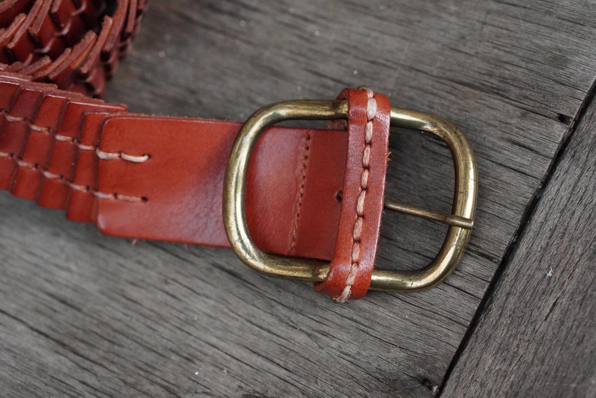 Zara Braided Leather Belt Cognac Brown Woven Wide Brass Buckle Vintage Style M