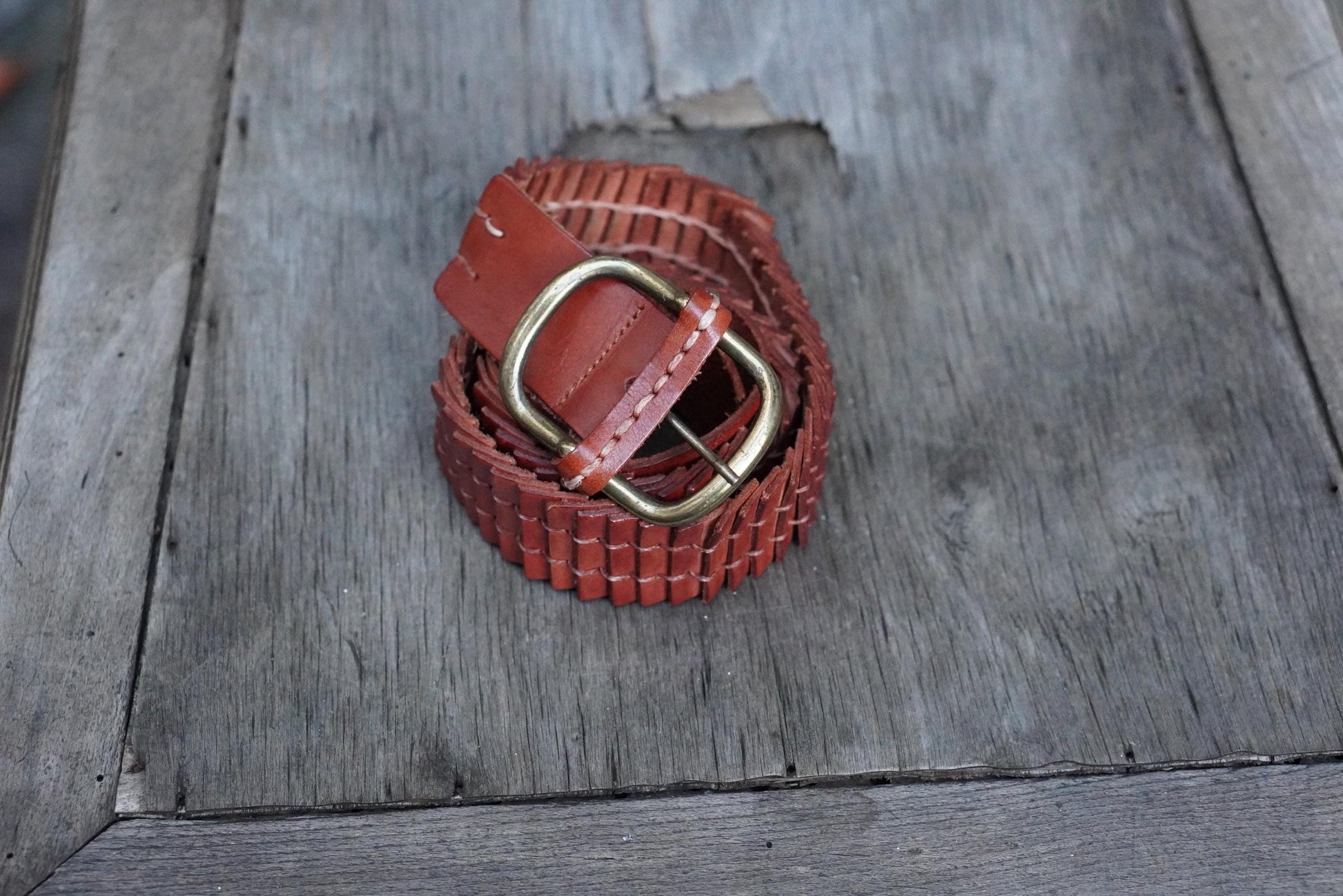 Zara Braided Leather Belt Cognac Brown Woven Wide Brass Buckle Vintage Style M