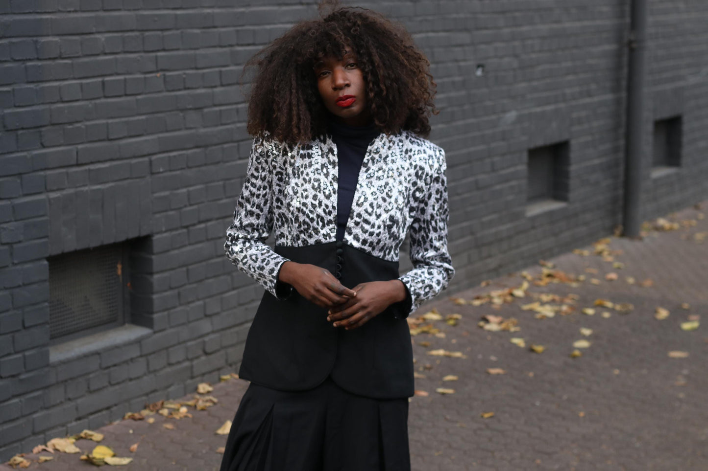 Vintage 90s Sequin Blazer Karen Laurence Animal Print Black Evening Jacket S/M