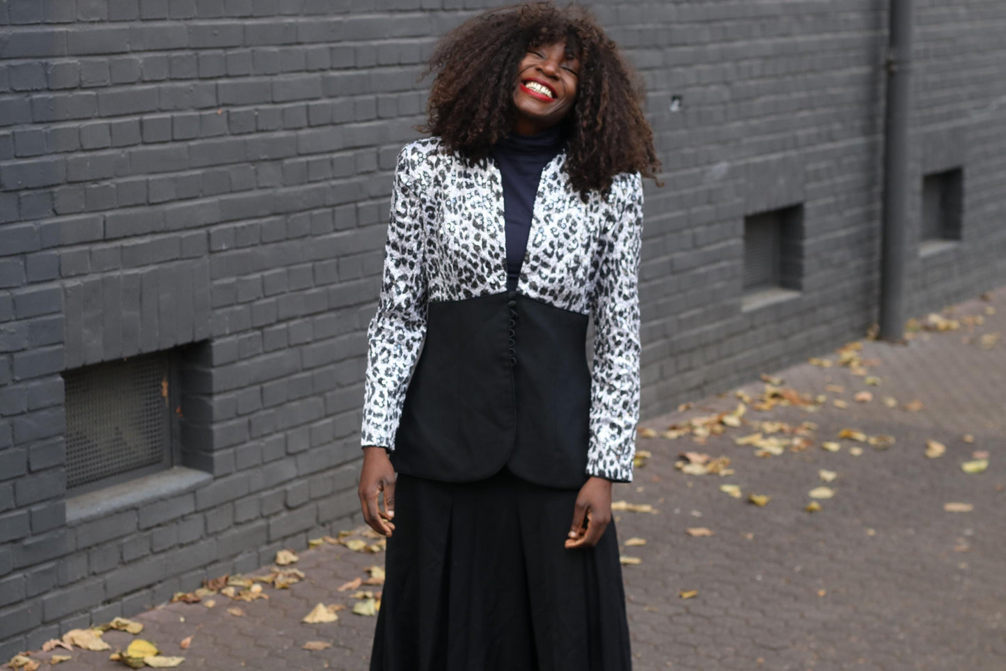 Vintage 90s Sequin Blazer Karen Laurence Animal Print Black Evening Jacket S/M