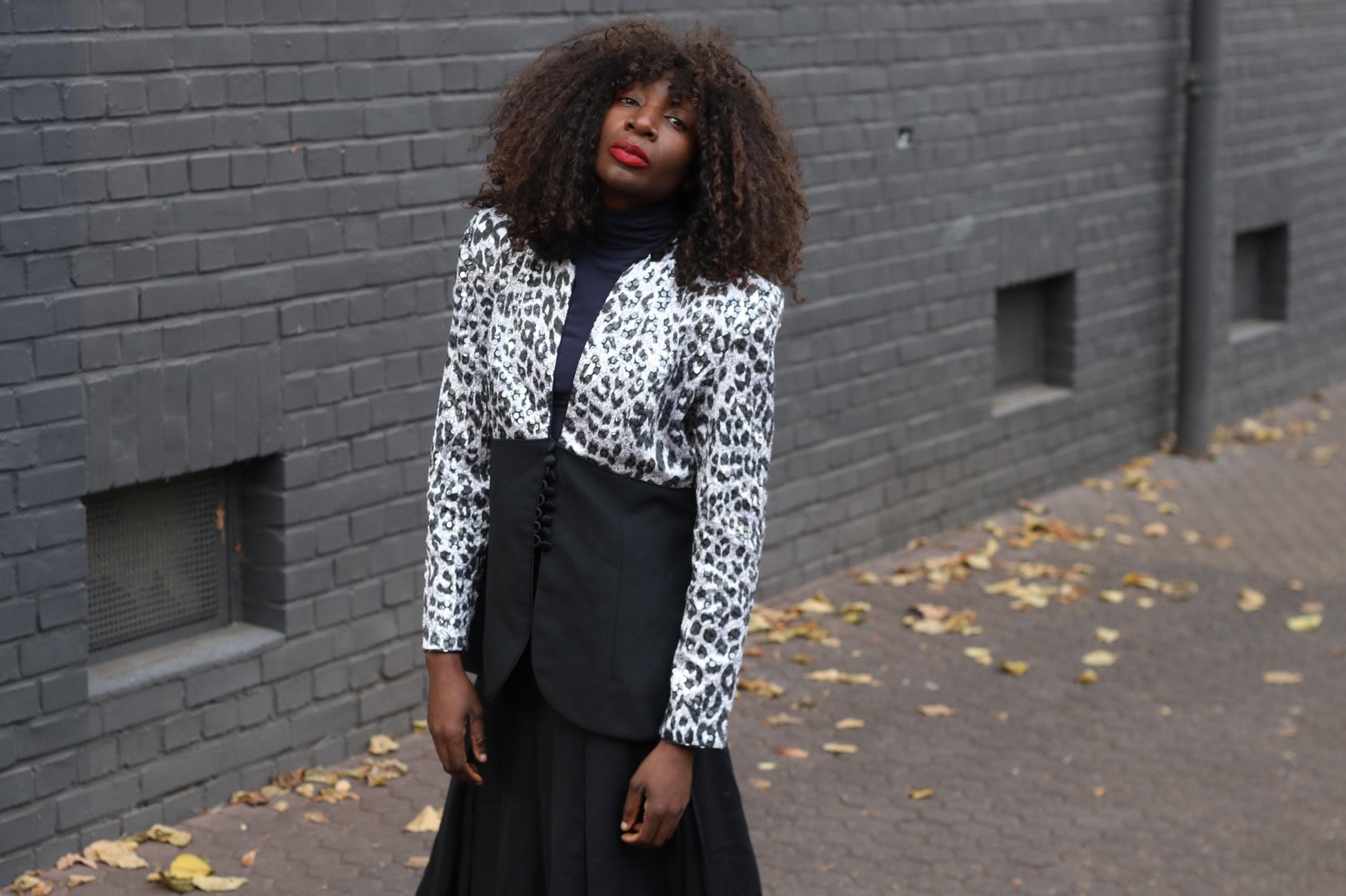 Vintage 90s Sequin Blazer Karen Laurence Animal Print Black Evening Jacket S/M