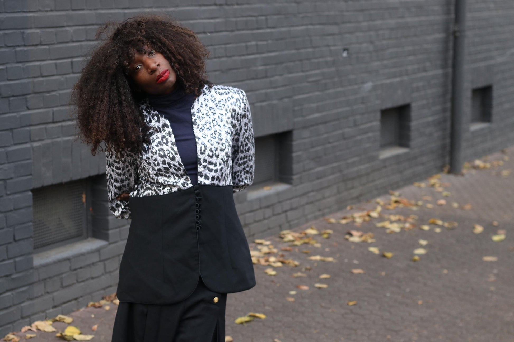 Vintage 90s Sequin Blazer Karen Laurence Animal Print Black Evening Jacket S/M