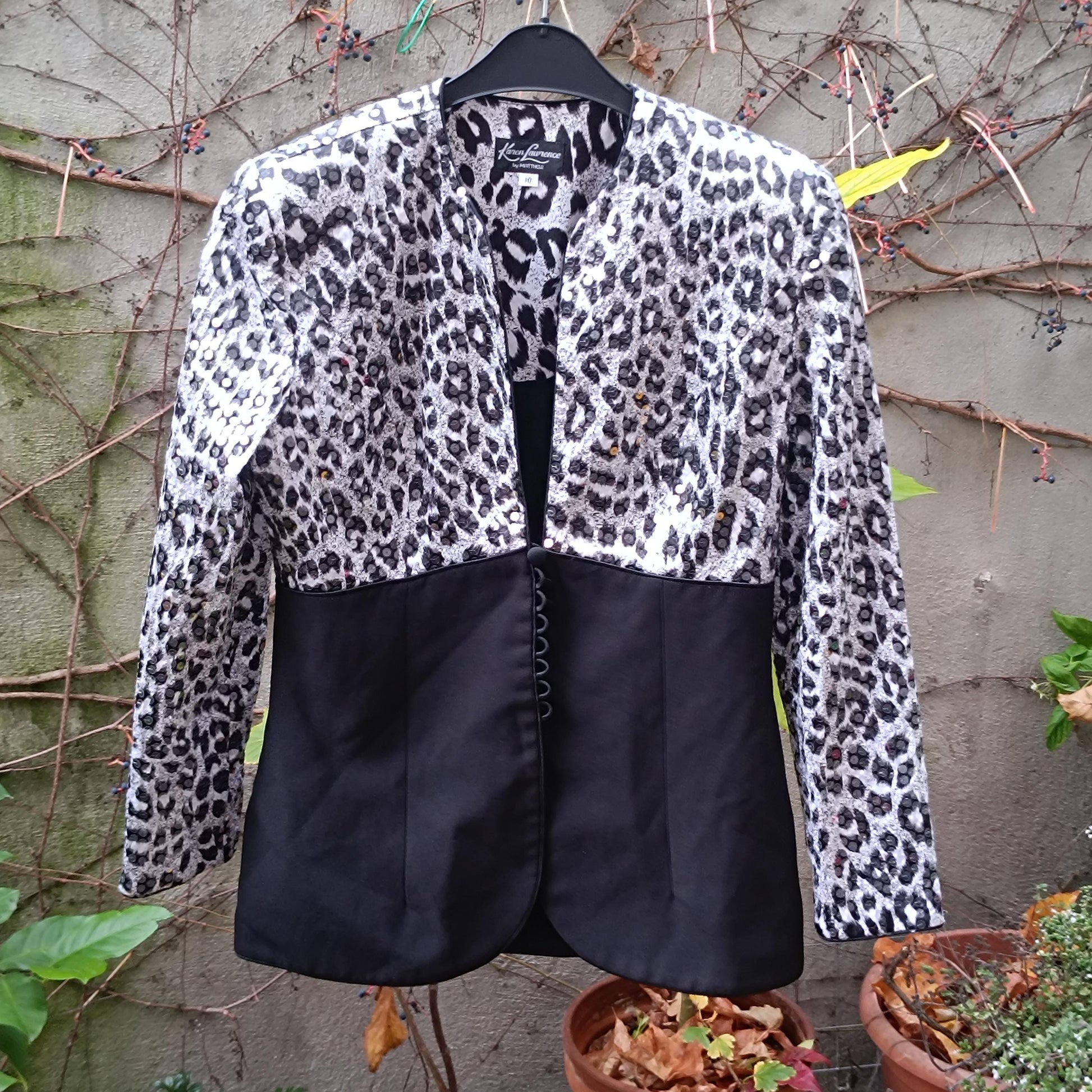 Vintage 90s Sequin Blazer Karen Laurence Animal Print Black Evening Jacket S/M
