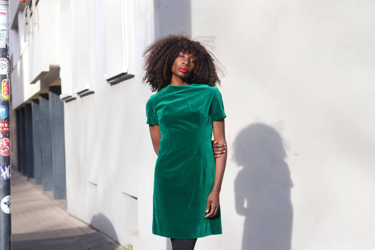 Vintage Handmade Velvet-Look Dress Emerald Green Shift Mini Mod 60s 70s Mock Neck