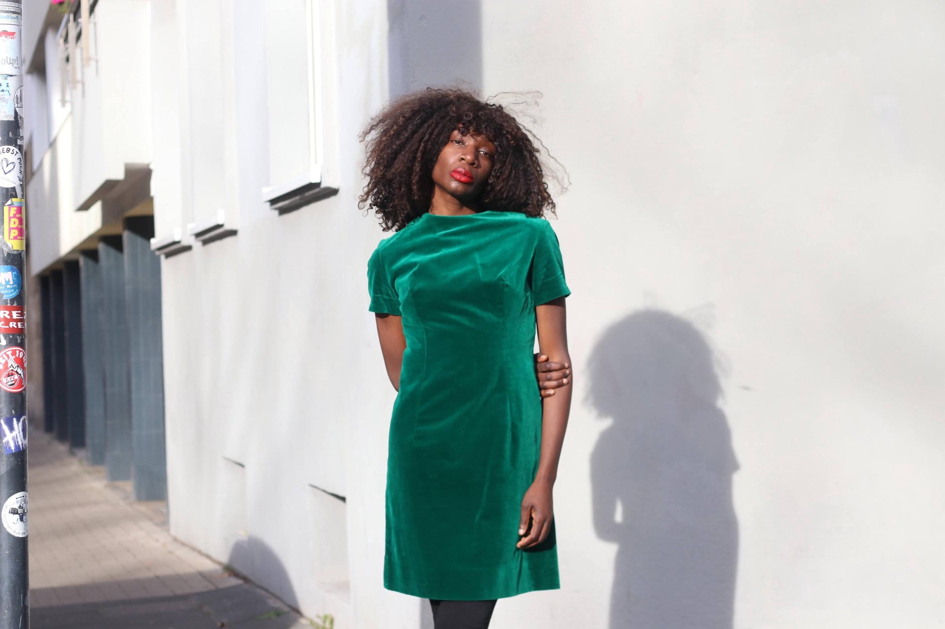 Vintage Handmade Velvet-Look Dress Emerald Green Shift Mini Mod 60s 70s Mock Neck