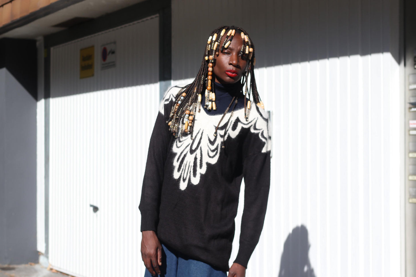 Vintage H&M Graphic Knit Sweater Black White Oversize Jumper Crewneck Layering