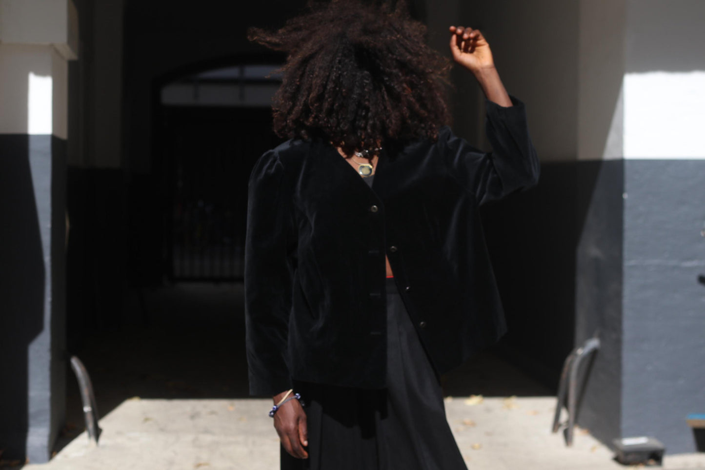 Vintage Black Velvet Blazer 100% Cotton Boxy Puffed Sleeve 80s Creation Atelier