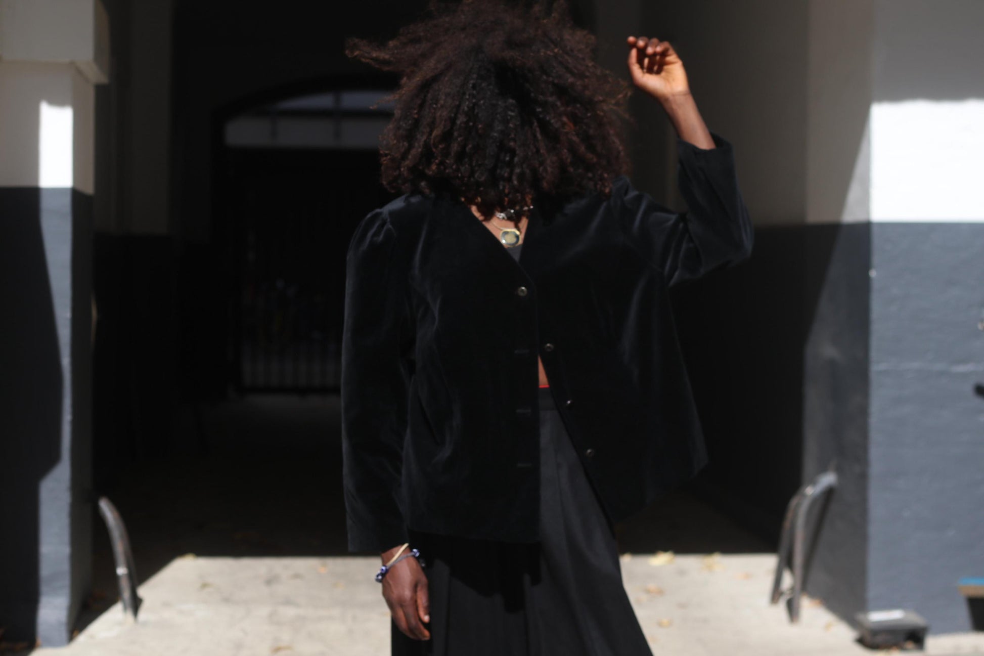 Vintage Black Velvet Blazer 100% Cotton Boxy Puffed Sleeve 80s Creation Atelier