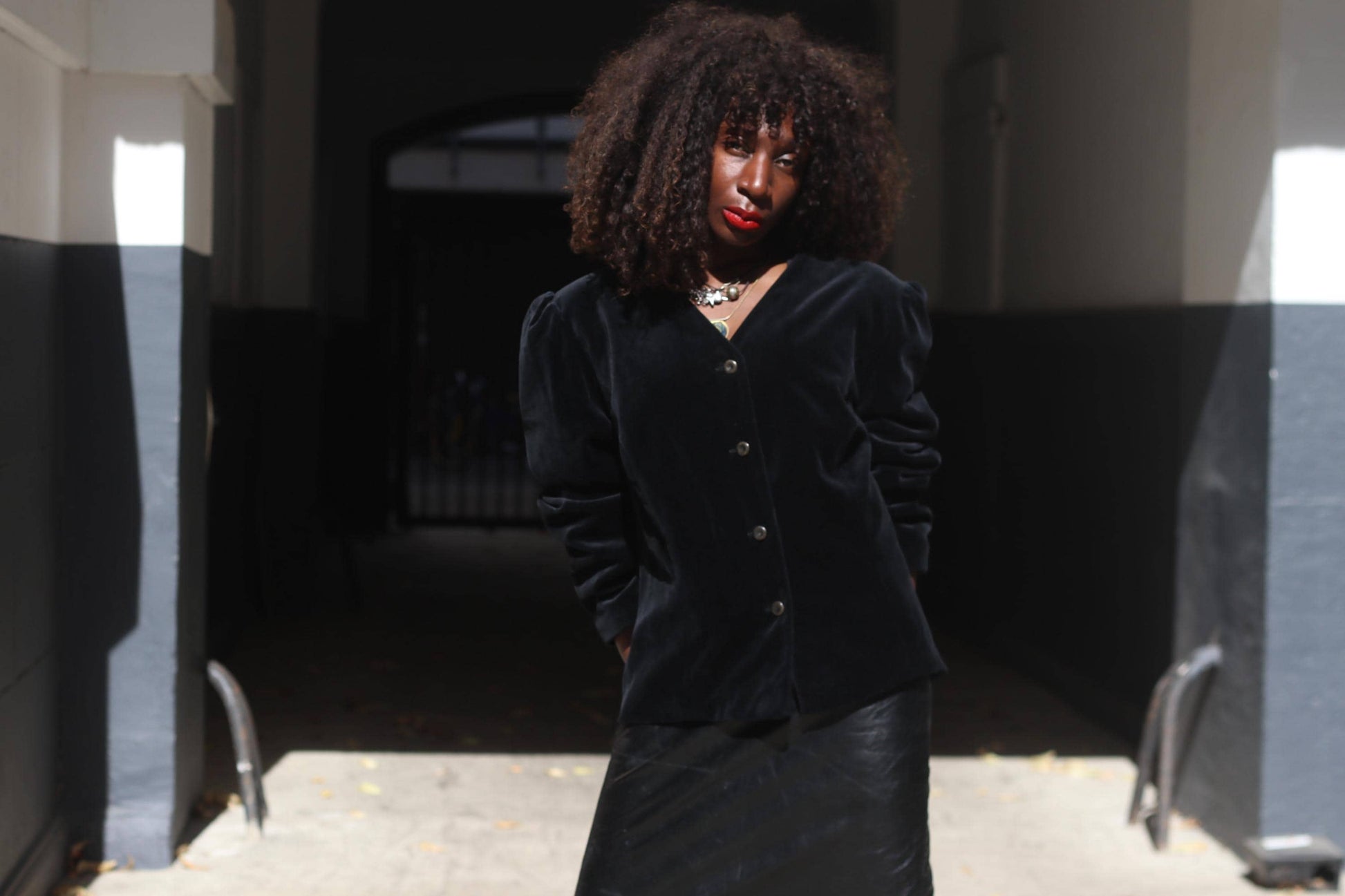 Vintage Black Velvet Blazer 100% Cotton Boxy Puffed Sleeve 80s Creation Atelier