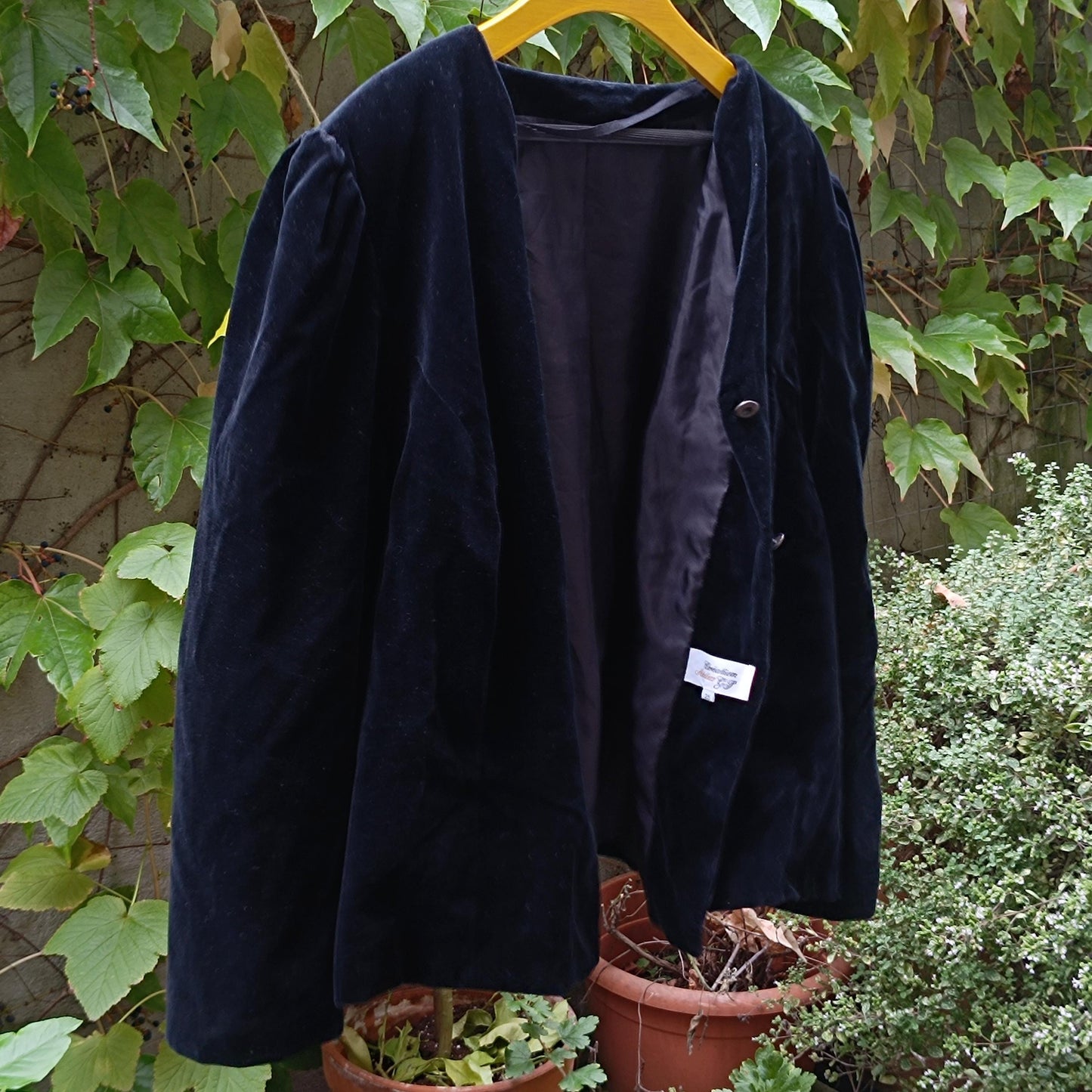 Vintage Black Velvet Blazer 100% Cotton Boxy Puffed Sleeve 80s Creation Atelier