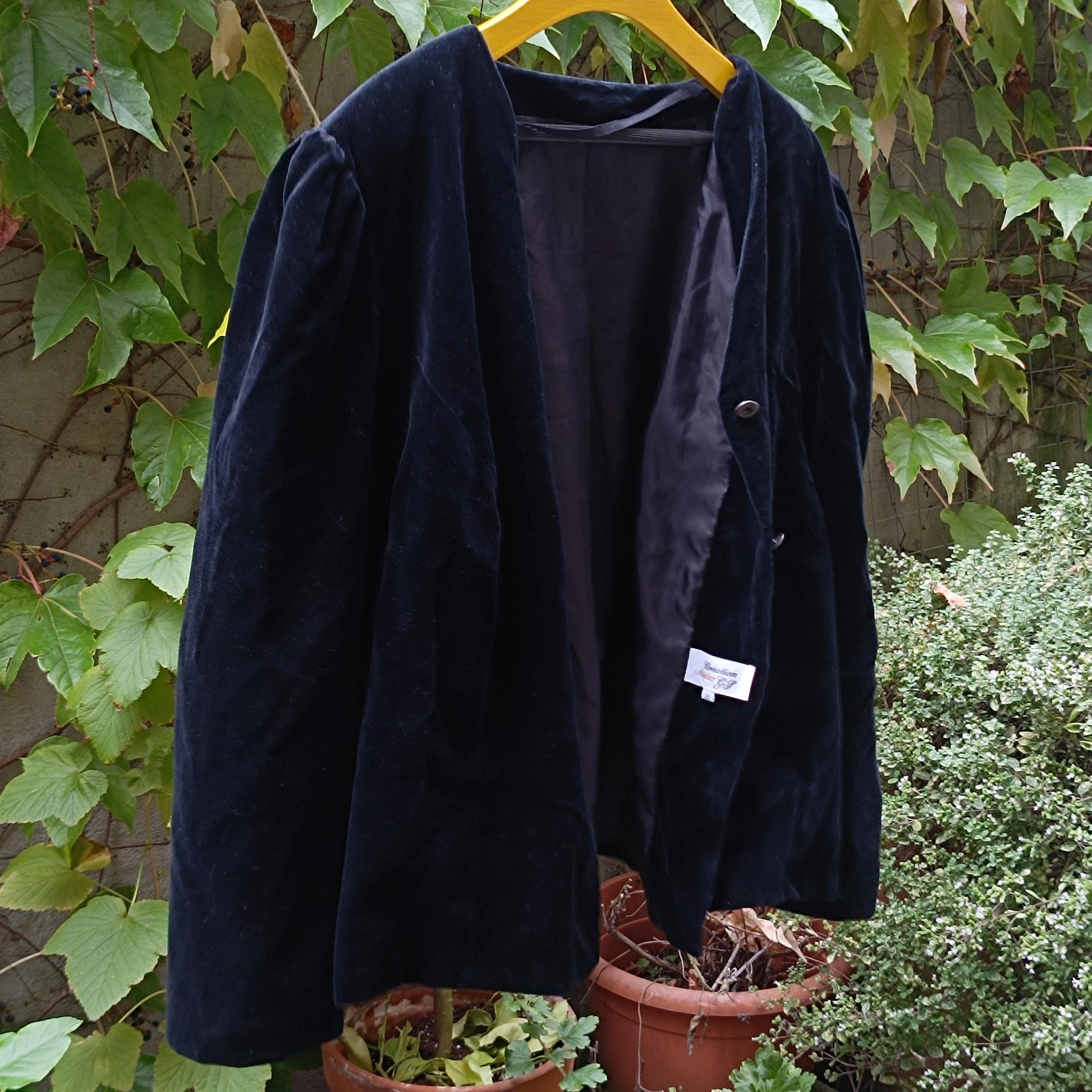 Vintage Black Velvet Blazer 100% Cotton Boxy Puffed Sleeve 80s Creation Atelier
