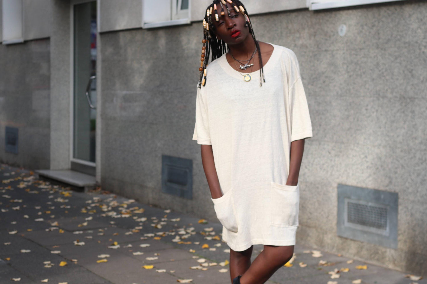 Vintage Franca Francani Linen Tunic Dress Oversized Short Sleeve Pocket Size 42
