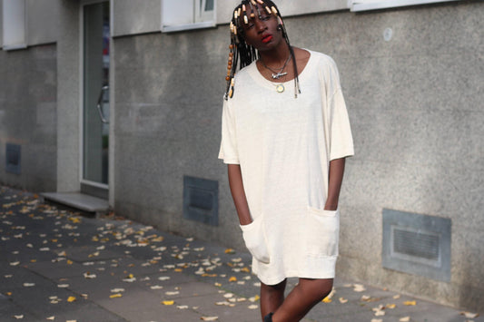 Vintage Franca Francani Linen Tunic Dress Oversized Short Sleeve Pocket Size 42