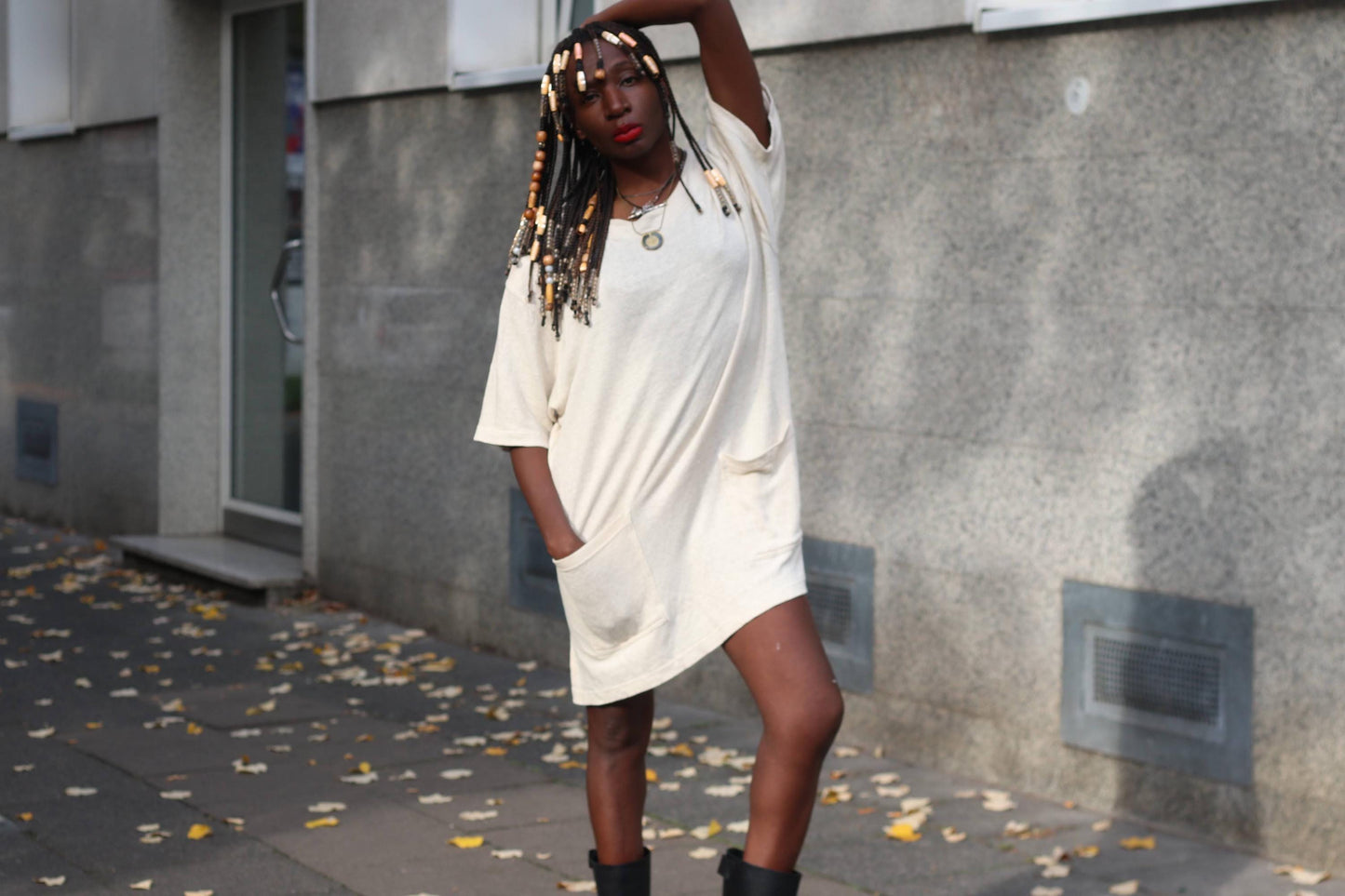 Vintage Franca Francani Linen Tunic Dress Oversized Short Sleeve Pocket Size 42