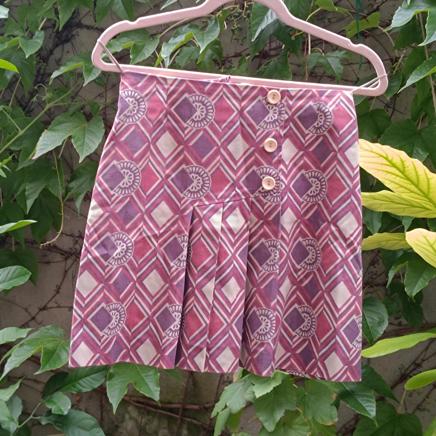 Vintage 70s Geometric Mini Skirt | Purple A-Line Pleated Mod