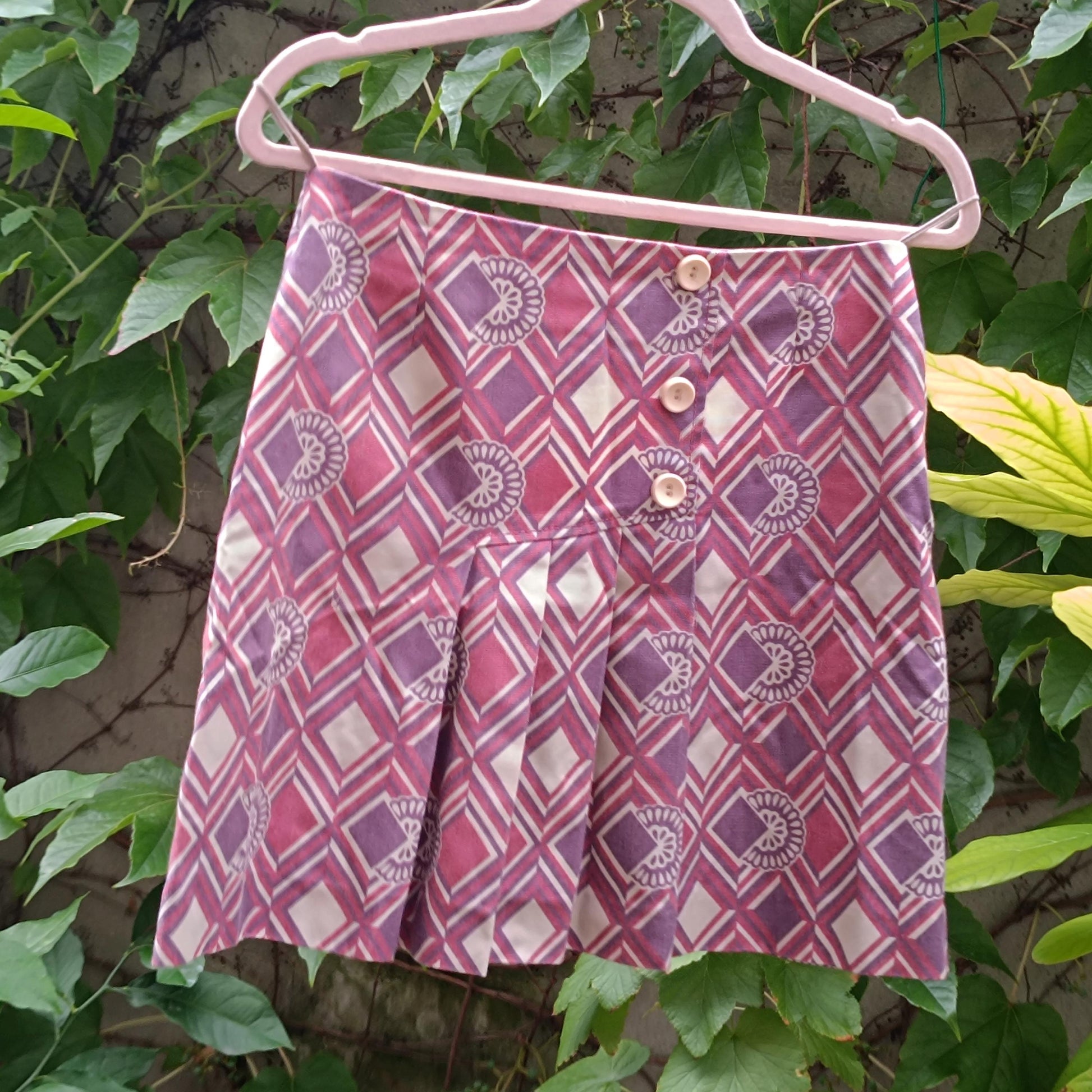 Vintage 70s Geometric Mini Skirt | Purple A-Line Pleated Mod